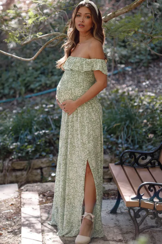 Green Floral Ruffle Off Shoulder Maternity Maxi Dress sold by Pinkblush