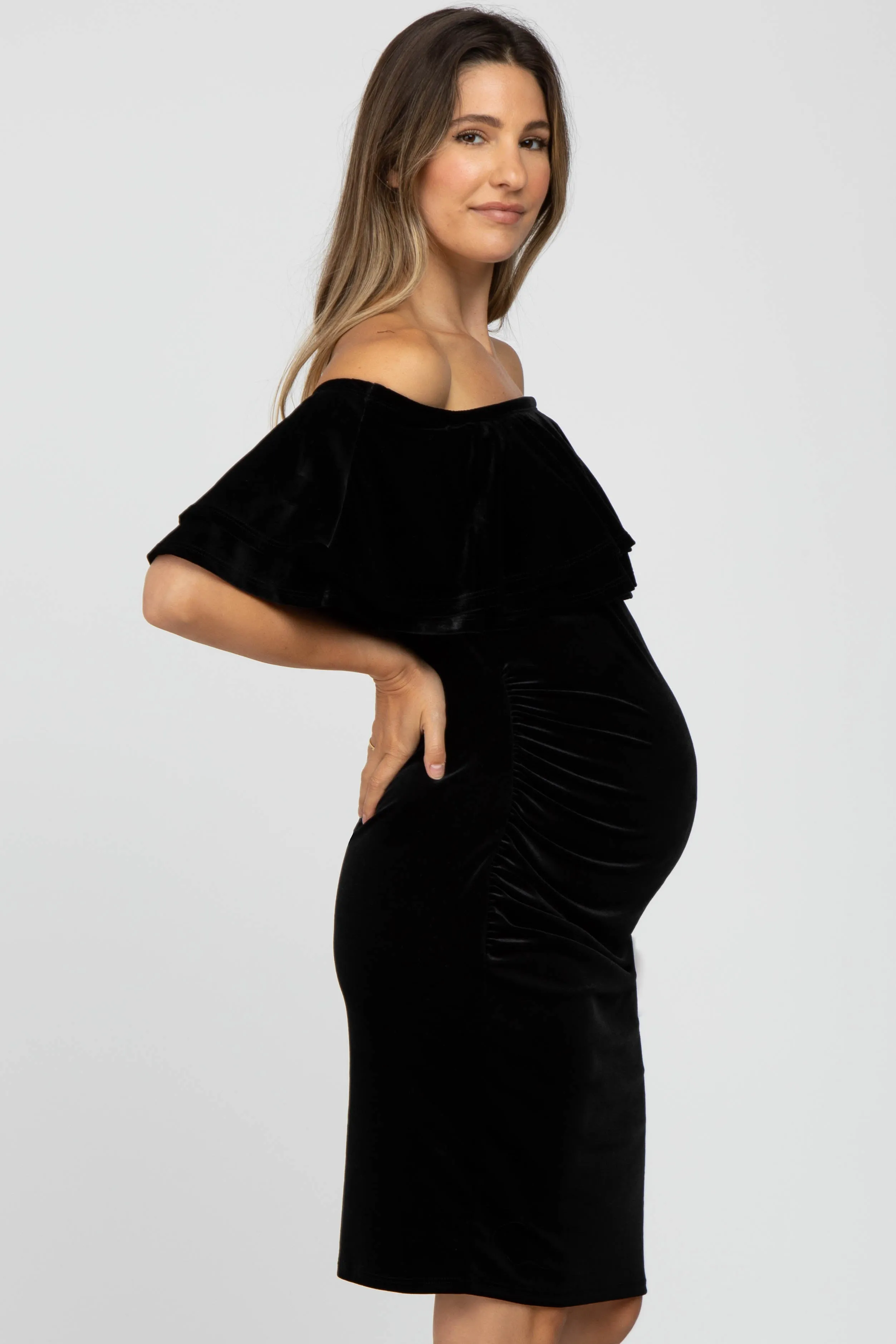 Black Velvet Off Shoulder Fitted Maternity Dress sold by Pinkblush product image thumbnail 2