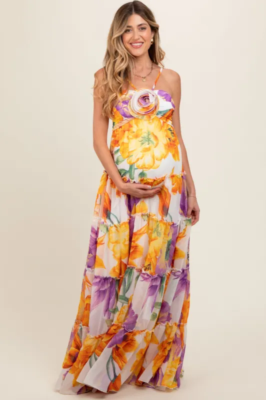 Purple Floral Top Accent Tiered Maternity Maxi Dress sold by Pinkblush