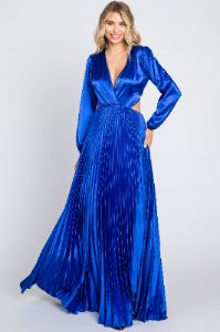 Royal Blue Satin Low Back Cutout Pleated Maternity Maxi Dress sold by Pinkblush