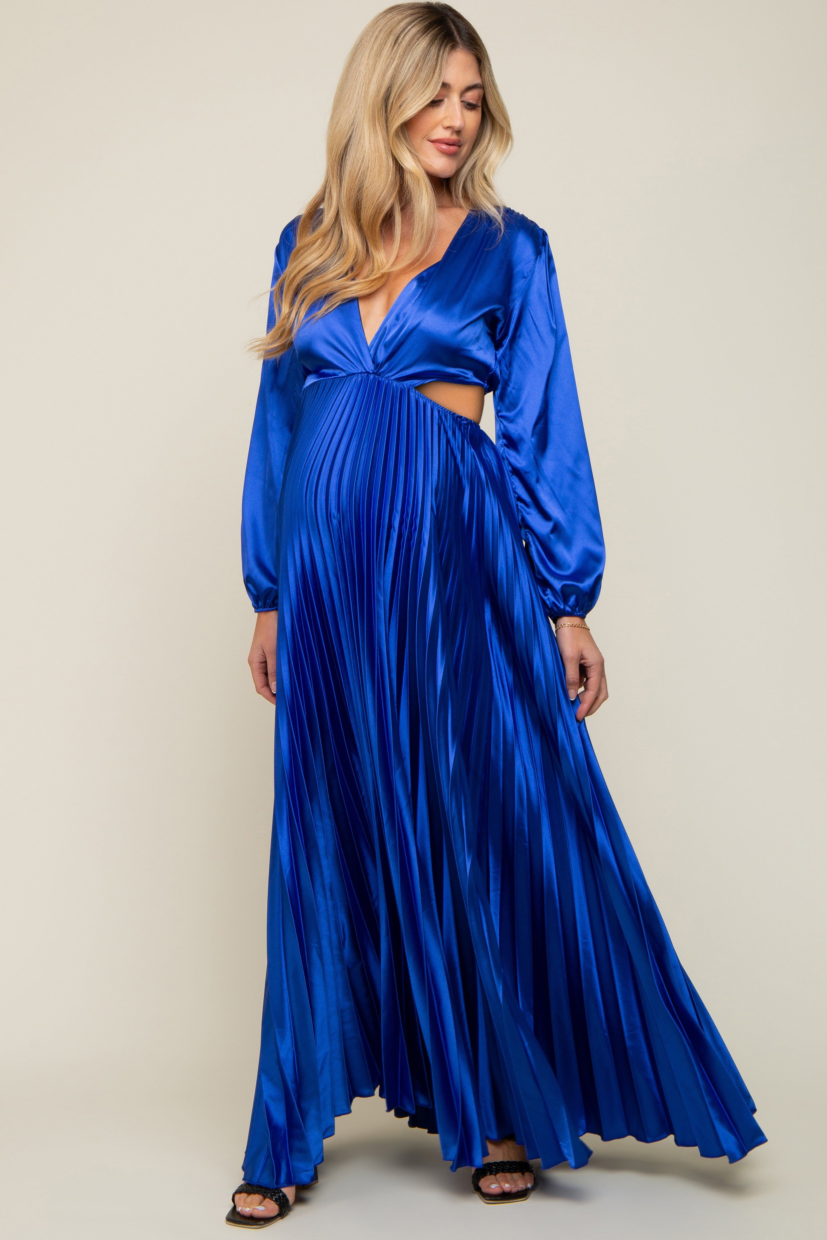 Royal Blue Satin Low Back Cutout Pleated Maternity Maxi Dress sold by Pinkblush