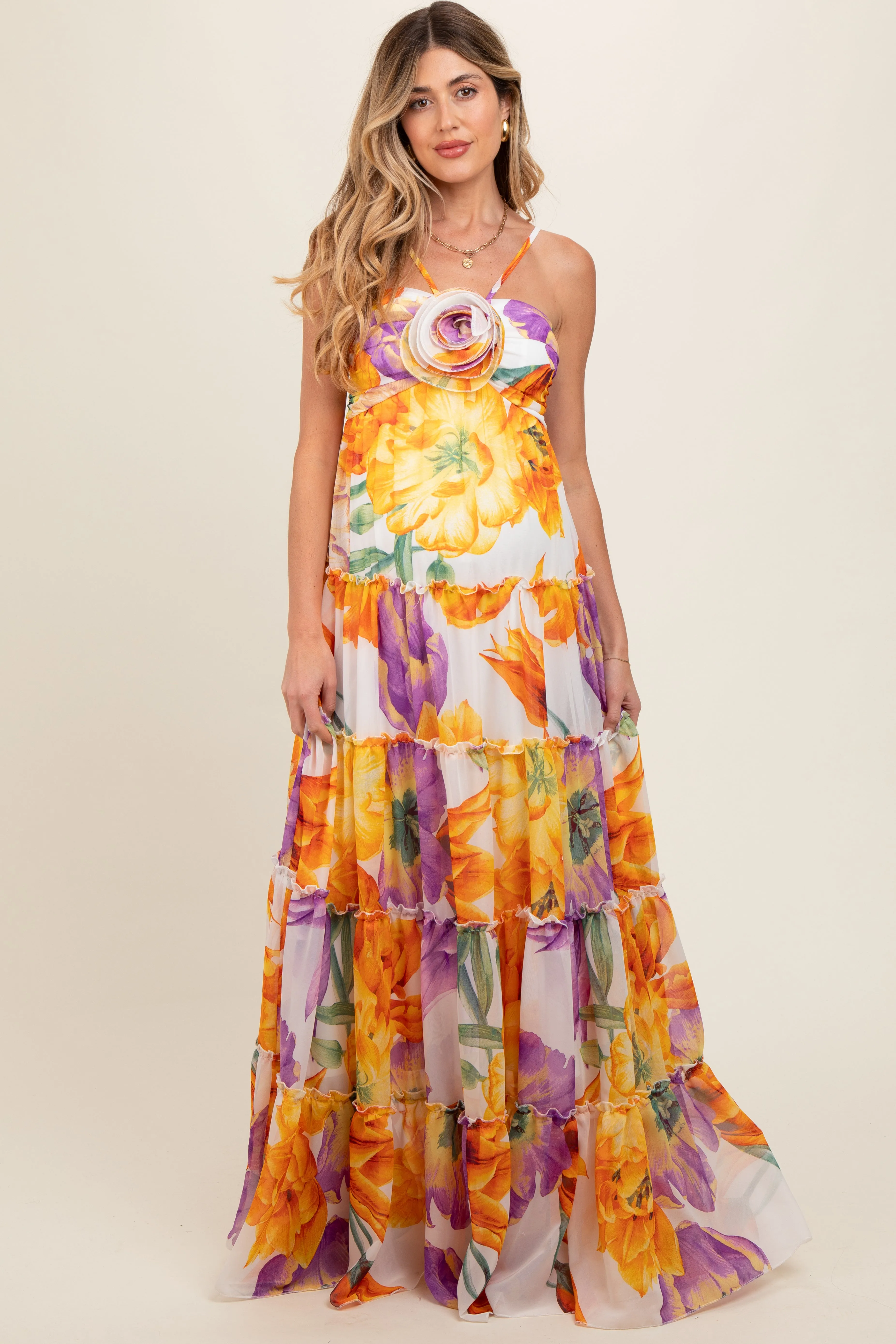 Purple Floral Top Accent Tiered Maternity Maxi Dress sold by Pinkblush product image thumbnail 2