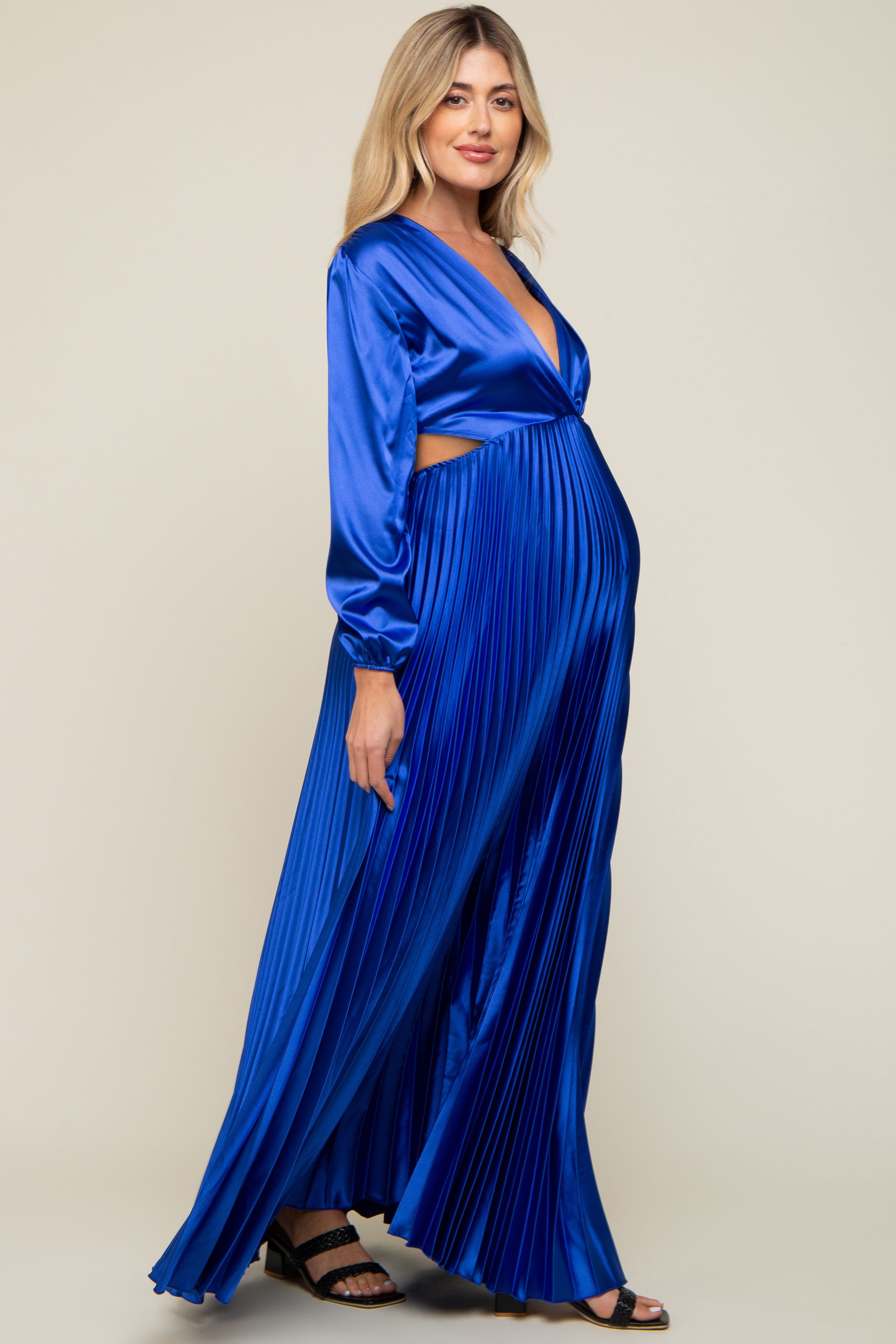 Royal Blue Satin Low Back Cutout Pleated Maternity Maxi Dress sold by Pinkblush product image thumbnail 2