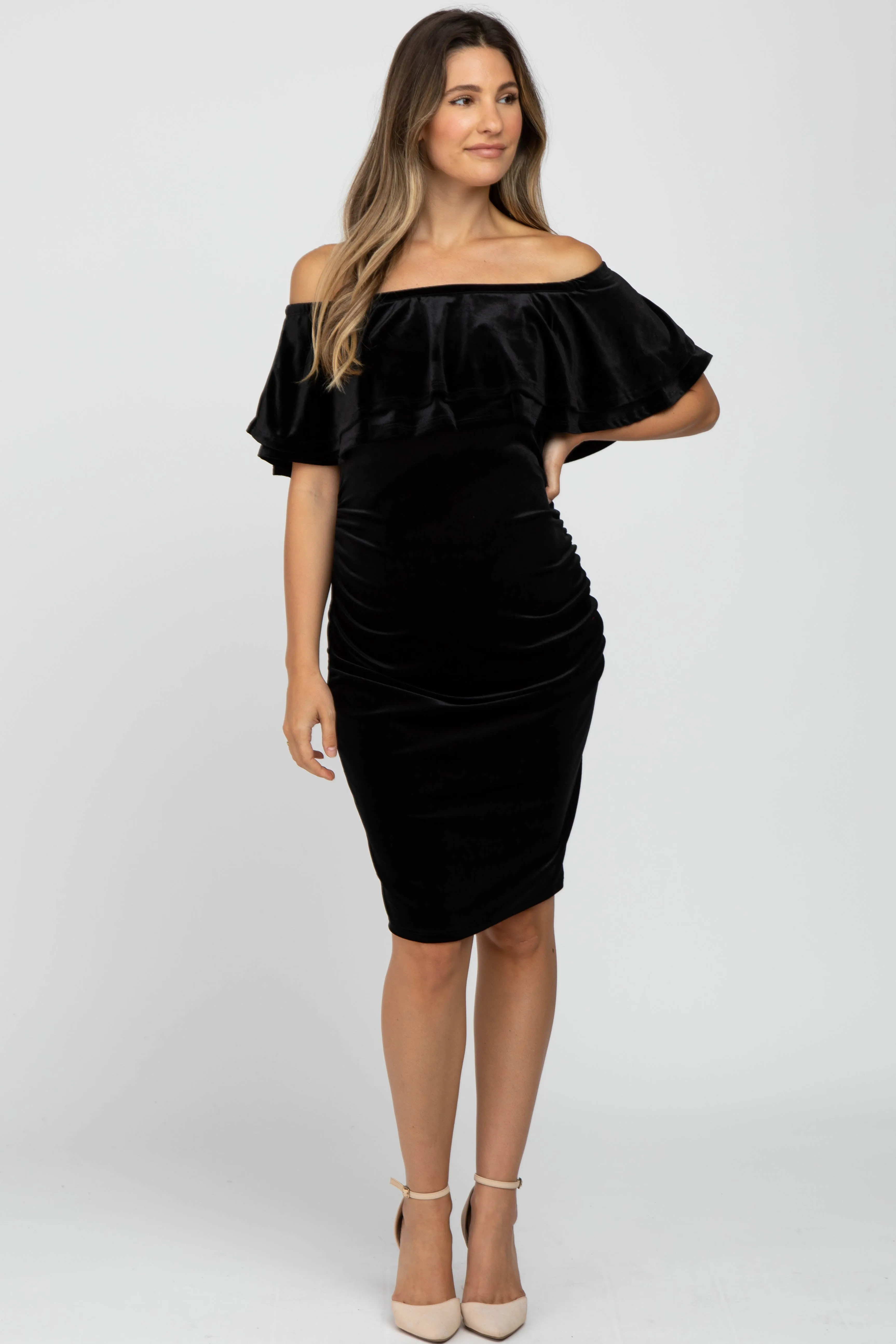 Black Velvet Off Shoulder Fitted Maternity Dress sold by Pinkblush