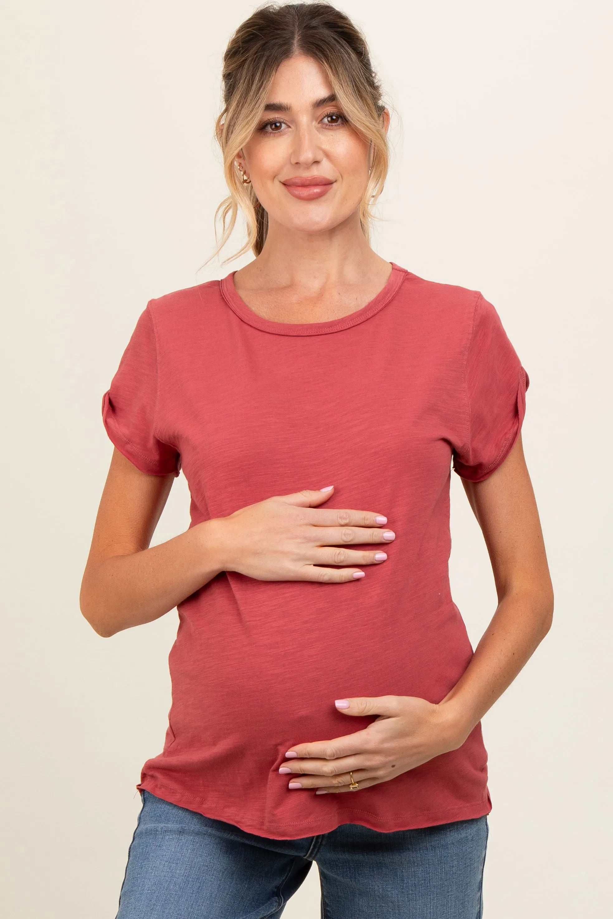 Rust Cuffed Sleeve Maternity Top sold by Pinkblush