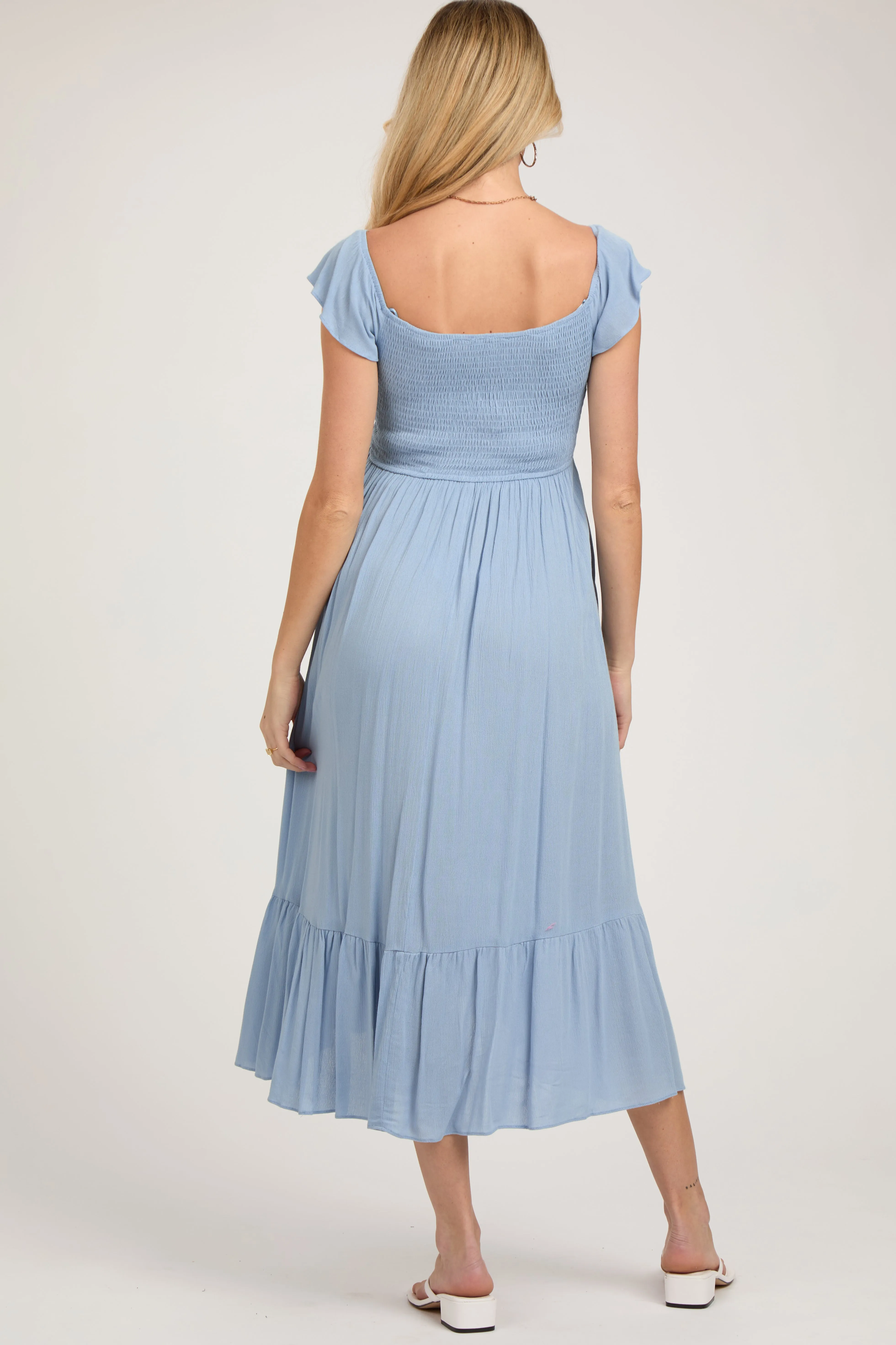 Light Blue Smocked Ruched Ruffle Hem Maternity Maxi Dress sold by Pinkblush product image thumbnail 3