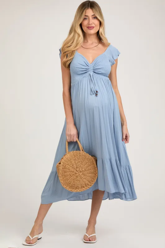 Light Blue Smocked Ruched Ruffle Hem Maternity Maxi Dress sold by Pinkblush