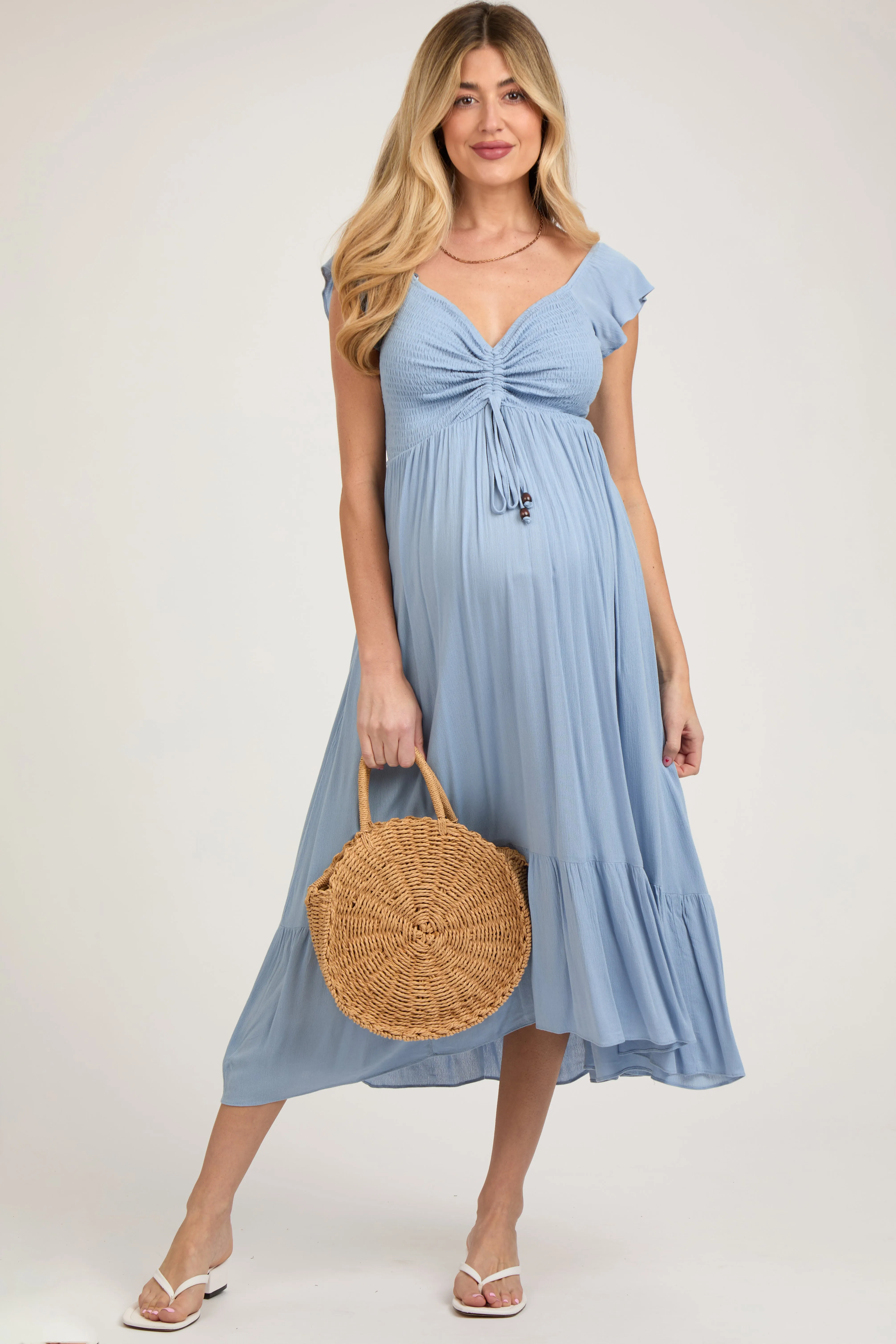 Light Blue Smocked Ruched Ruffle Hem Maternity Maxi Dress sold by Pinkblush