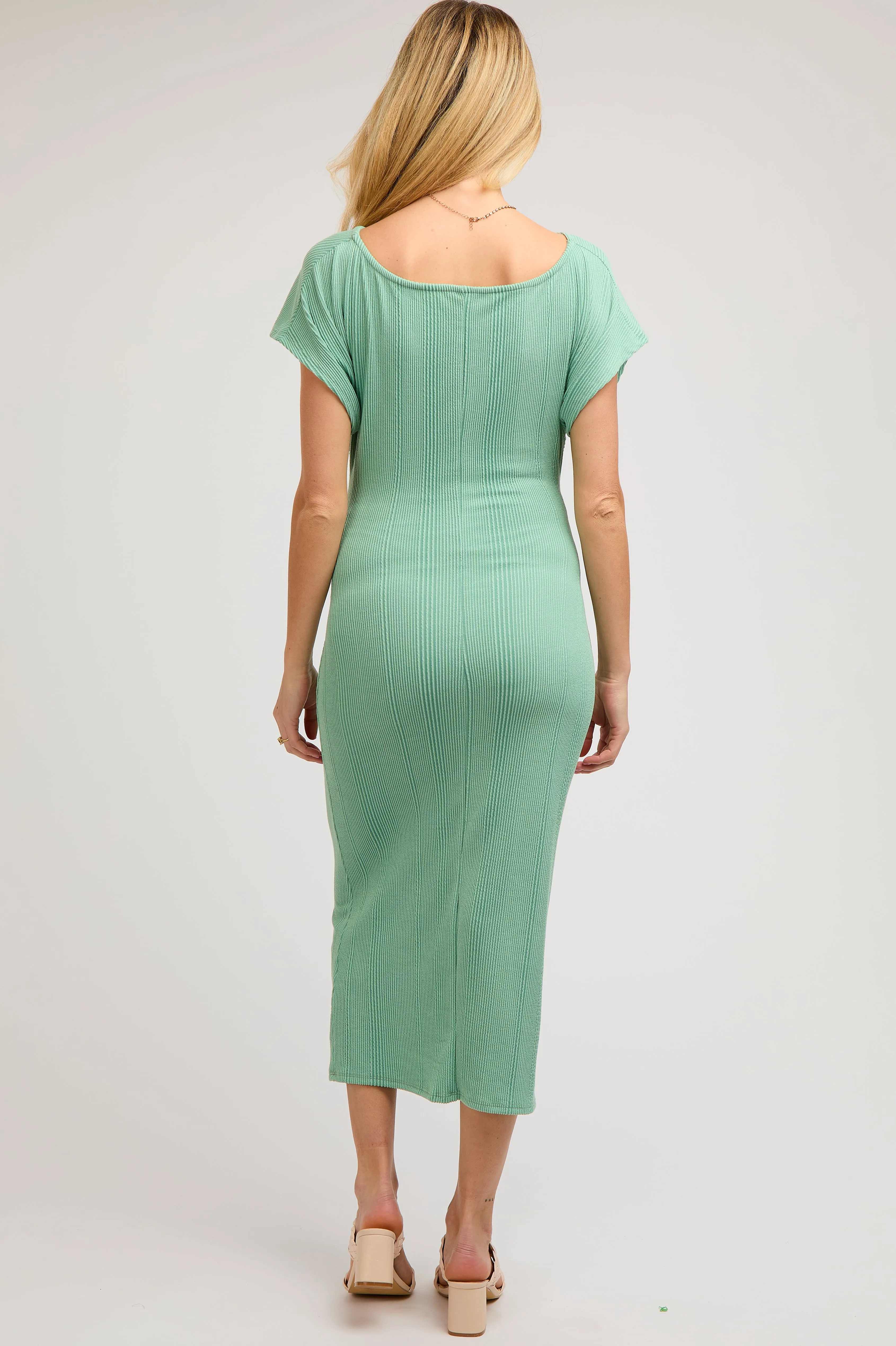 Sage Ribbed Short Sleeve Gathered Maternity Midi Dress sold by Pinkblush product image thumbnail 3