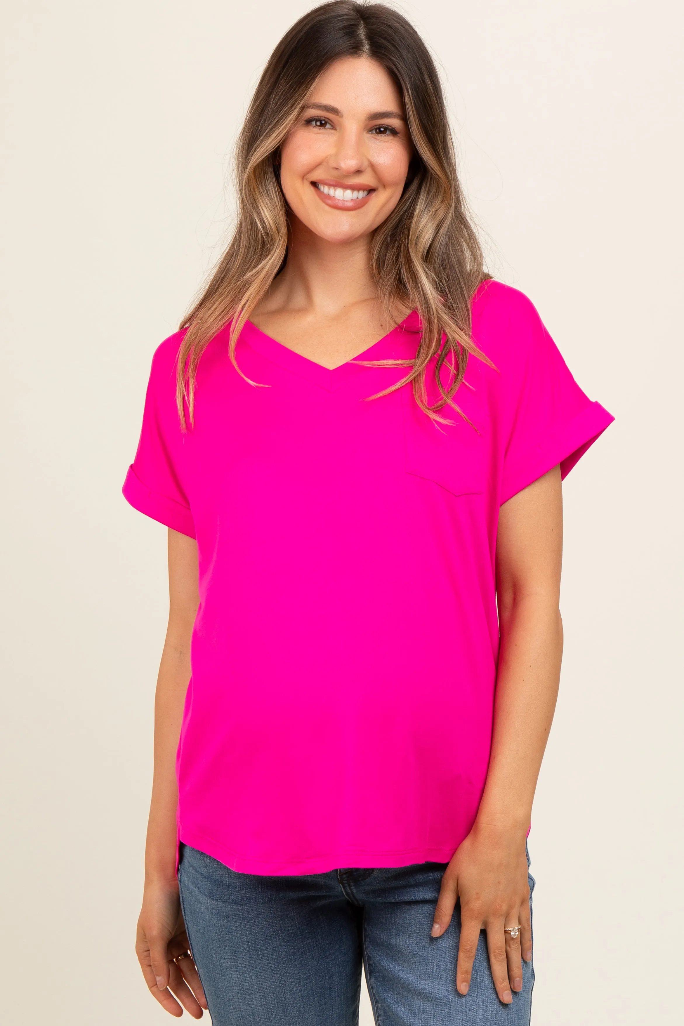 Fuchsia V-Neck Pocket Short Sleeve Maternity Shirt sold by Pinkblush