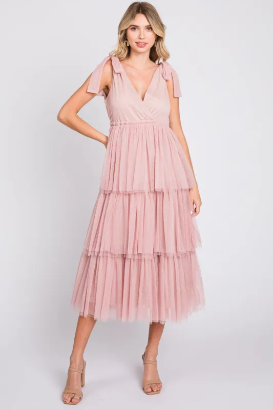Pink Sleeveless Tiered Tie Strap Tulle Midi Dress sold by Pinkblush