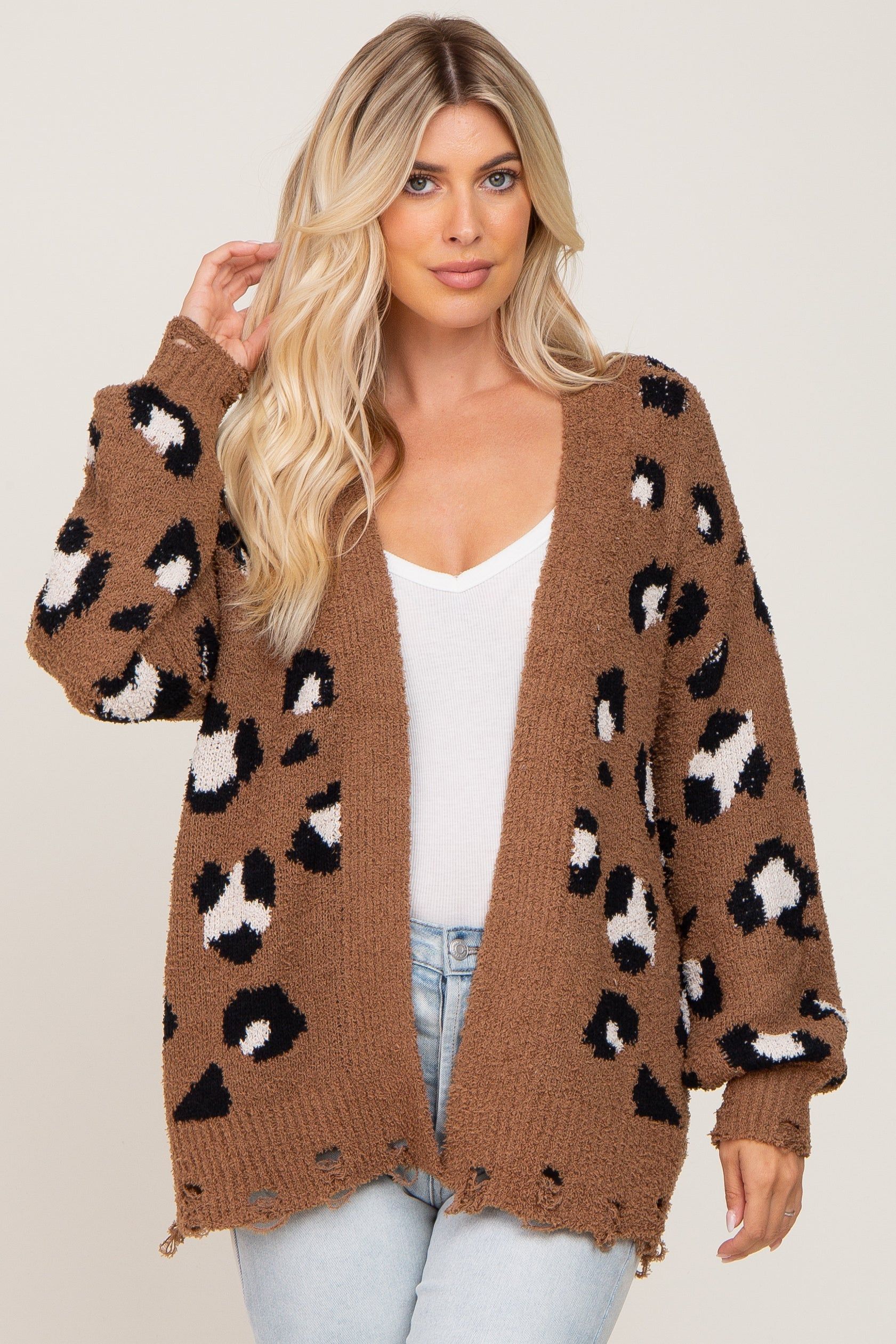 Mocha Leopard Print Knit Distressed Sweater sold by Pinkblush