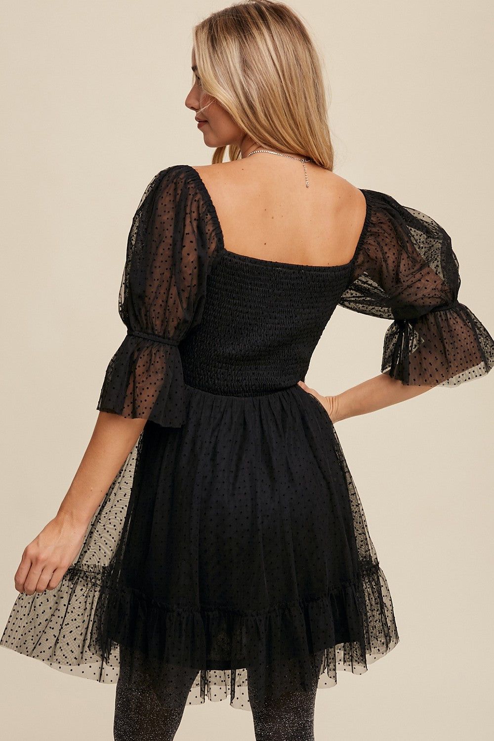 Black Polka Dot Mesh Cinched Design Mini Dress sold by Pinkblush product image thumbnail 3