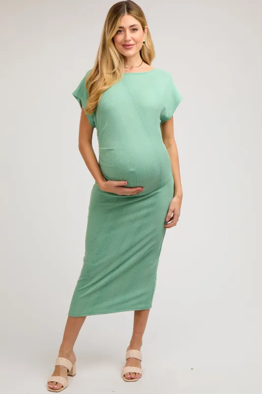 Sage Ribbed Short Sleeve Gathered Maternity Midi Dress sold by Pinkblush