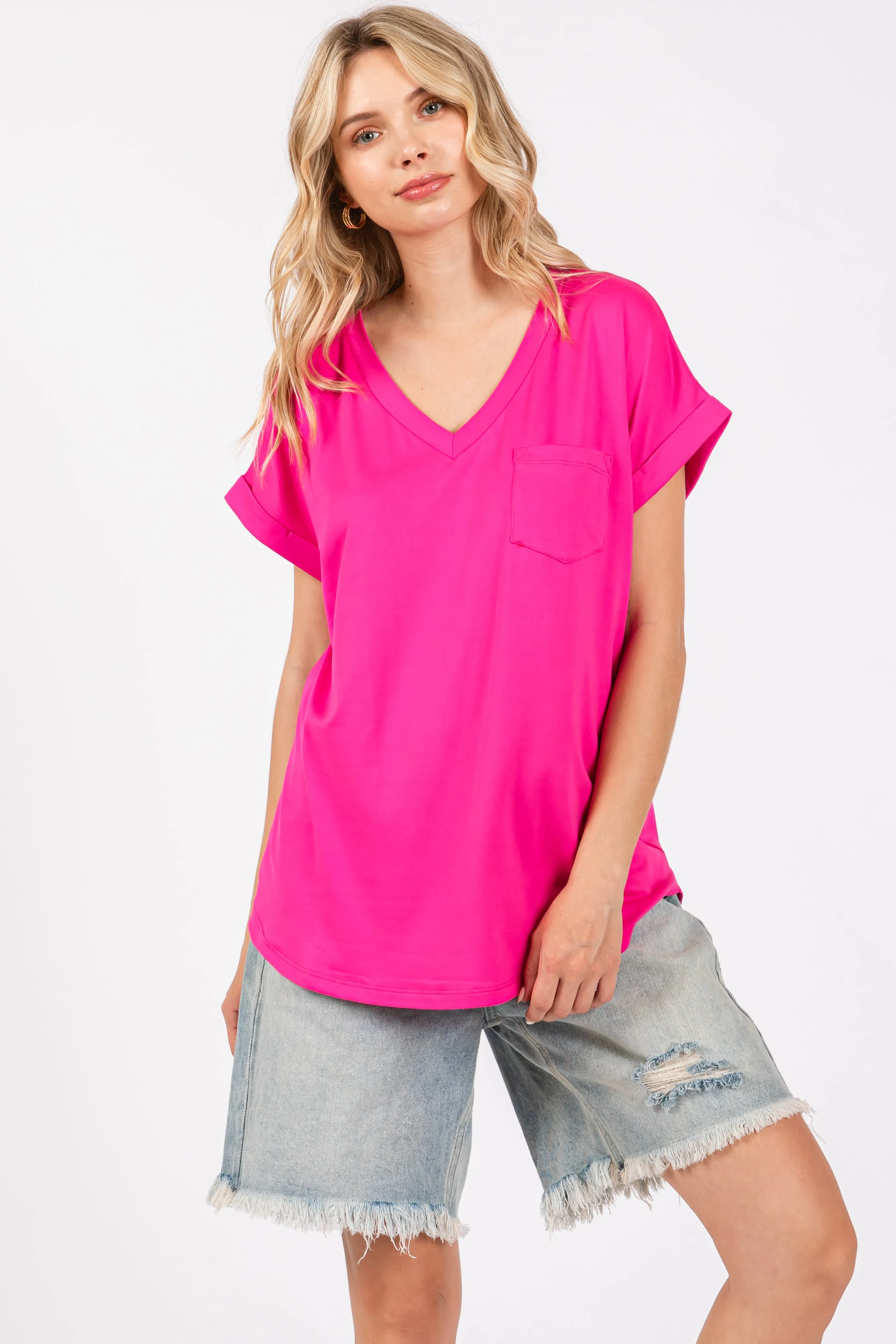 Fuchsia V-Neck Pocket Short Sleeve Maternity Shirt sold by Pinkblush product image thumbnail 5