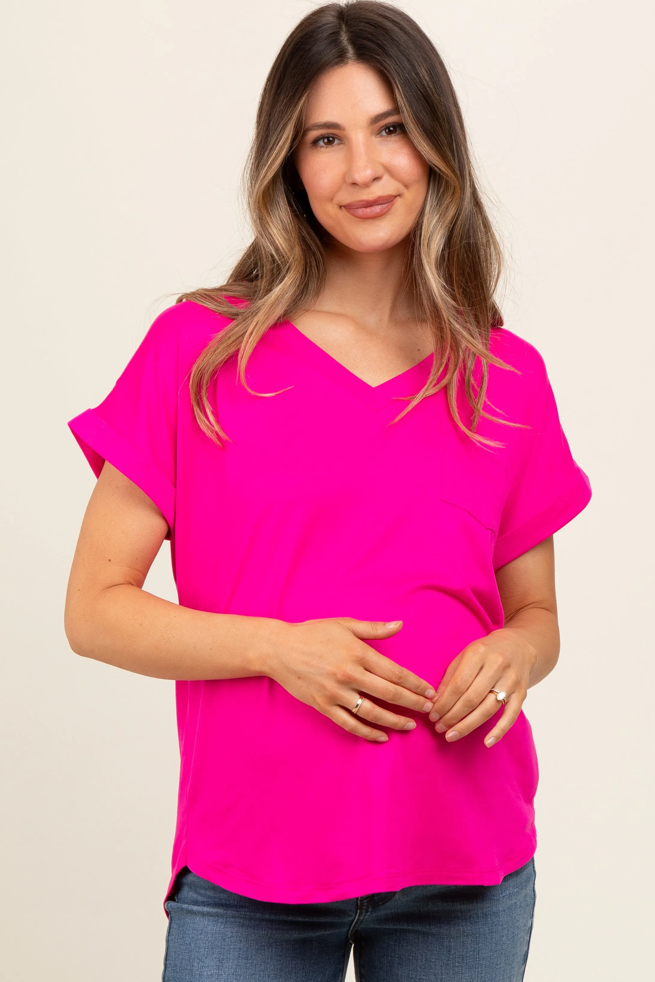 Fuchsia V-Neck Pocket Short Sleeve Maternity Shirt sold by Pinkblush product image thumbnail 2