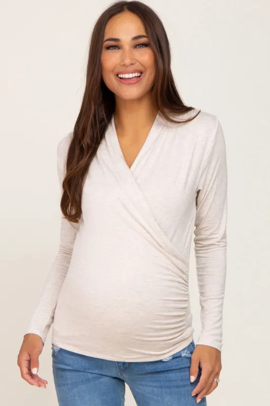 Oatmeal Long Sleeve Wrap Maternity Nursing Top sold by Pinkblush