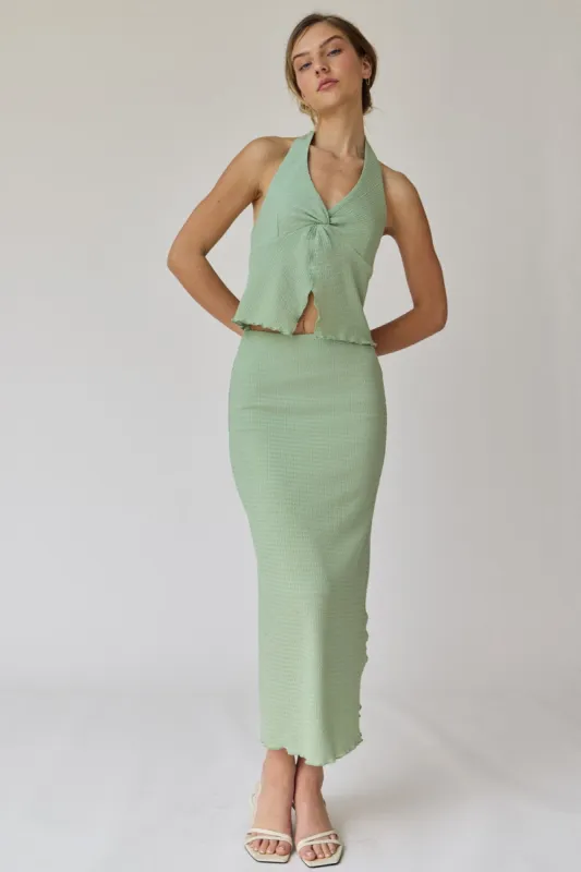 Sage Textured Knit Halter Top And Midi Skirt Set sold by Pinkblush