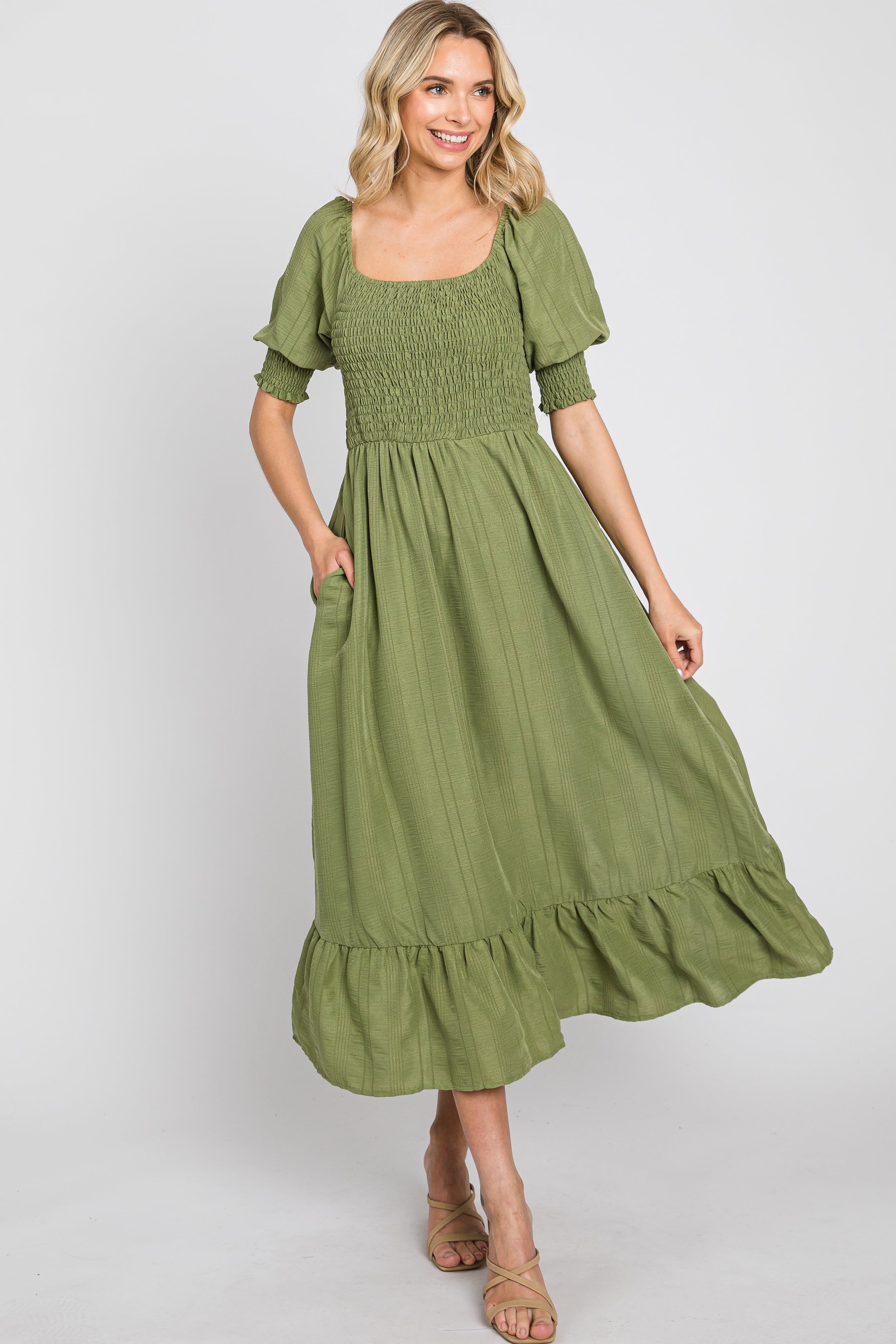 Olive Square Neck Smocked Short Sleeve Maternity Midi Dress sold by Pinkblush product image thumbnail 5
