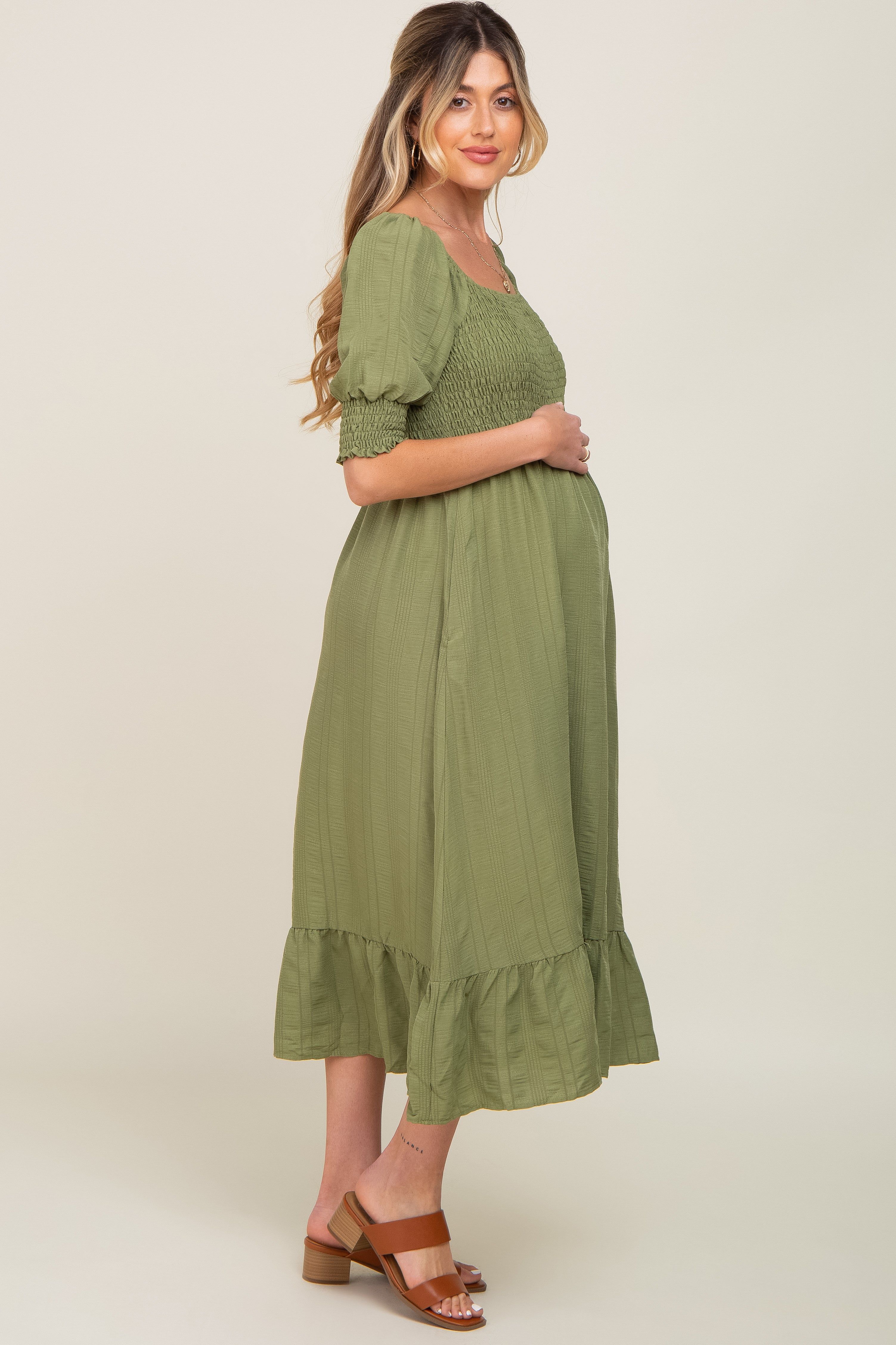 Olive Square Neck Smocked Short Sleeve Maternity Midi Dress sold by Pinkblush product image thumbnail 2