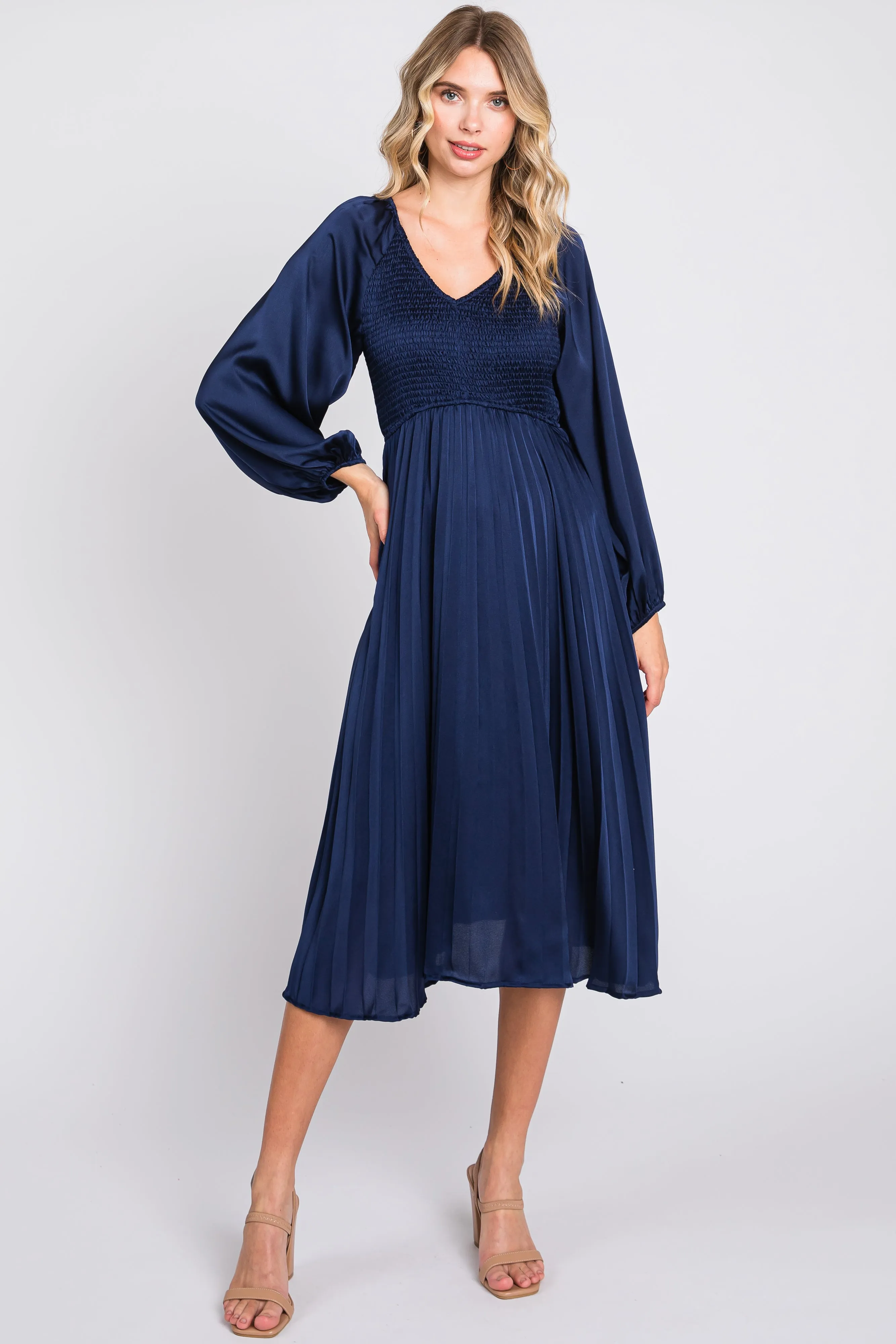 Navy Satin Smocked and Pleated Midi Dress sold by Pinkblush