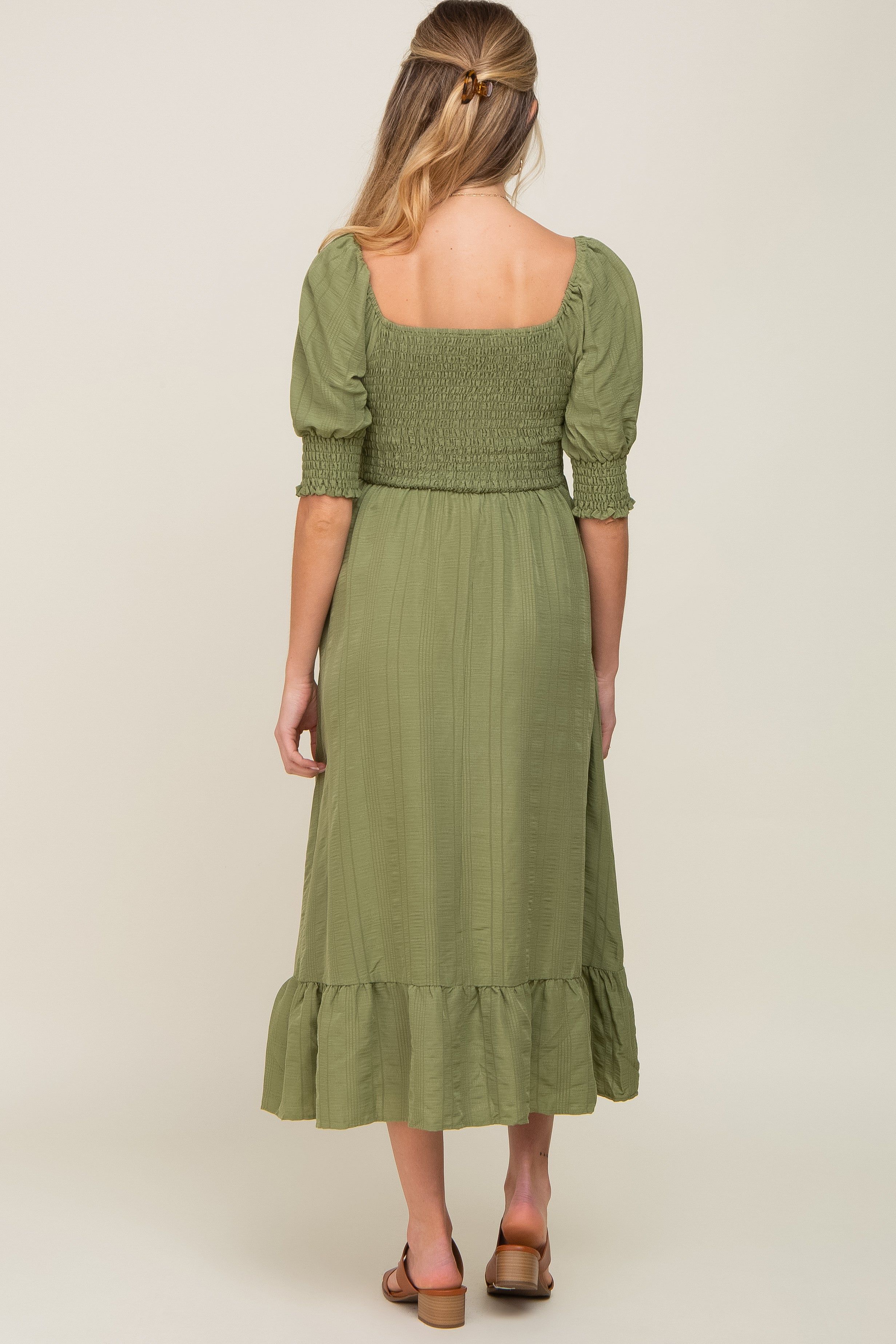 Olive Square Neck Smocked Short Sleeve Maternity Midi Dress sold by Pinkblush product image thumbnail 3