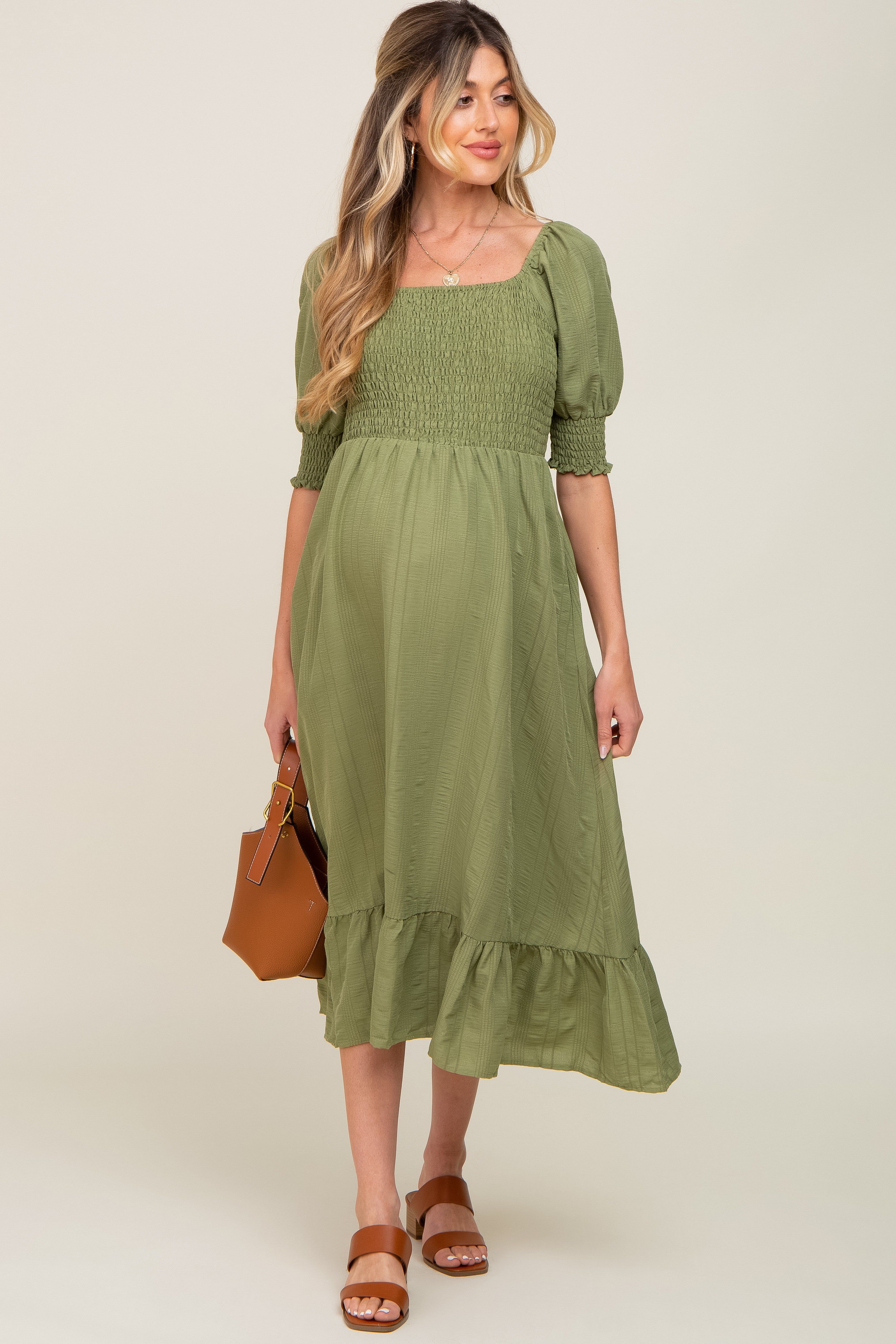 Olive Square Neck Smocked Short Sleeve Maternity Midi Dress sold by Pinkblush product image thumbnail 4