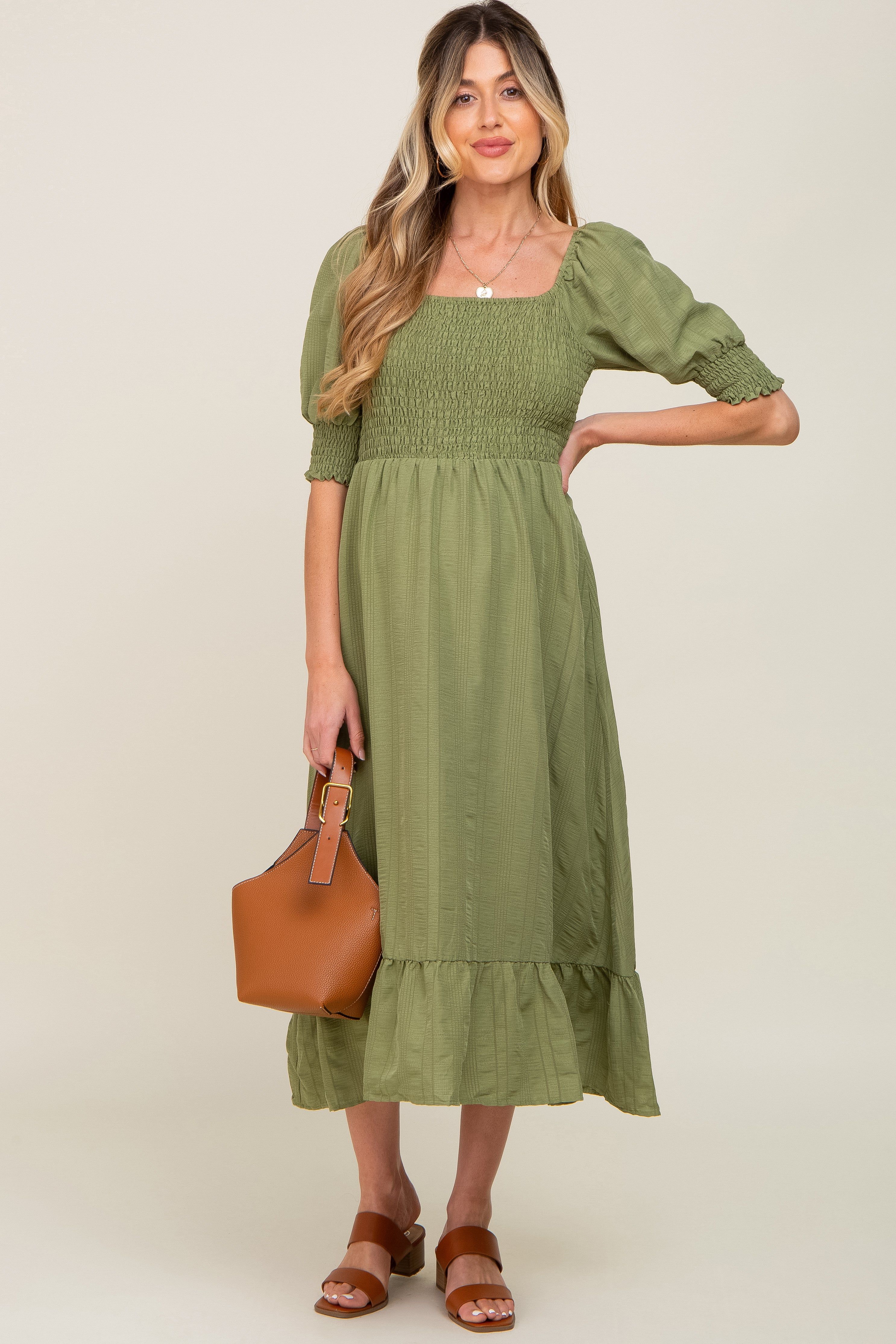 Olive Square Neck Smocked Short Sleeve Maternity Midi Dress sold by Pinkblush