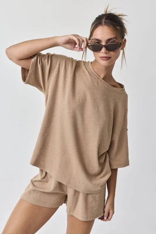 Taupe Ribbed Short Sleeve Short Set sold by Pinkblush