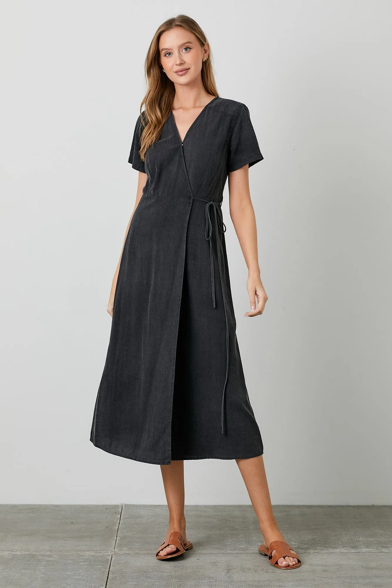 Black Chambray Wrap Midi Dress sold by Pinkblush