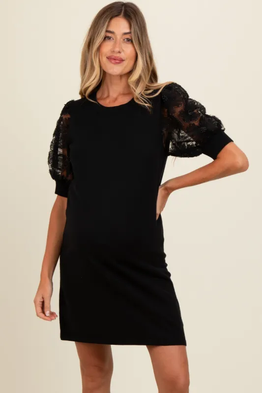 Black Knit Beaded Floral Mesh Sleeve Maternity Mini Dress sold by Pinkblush
