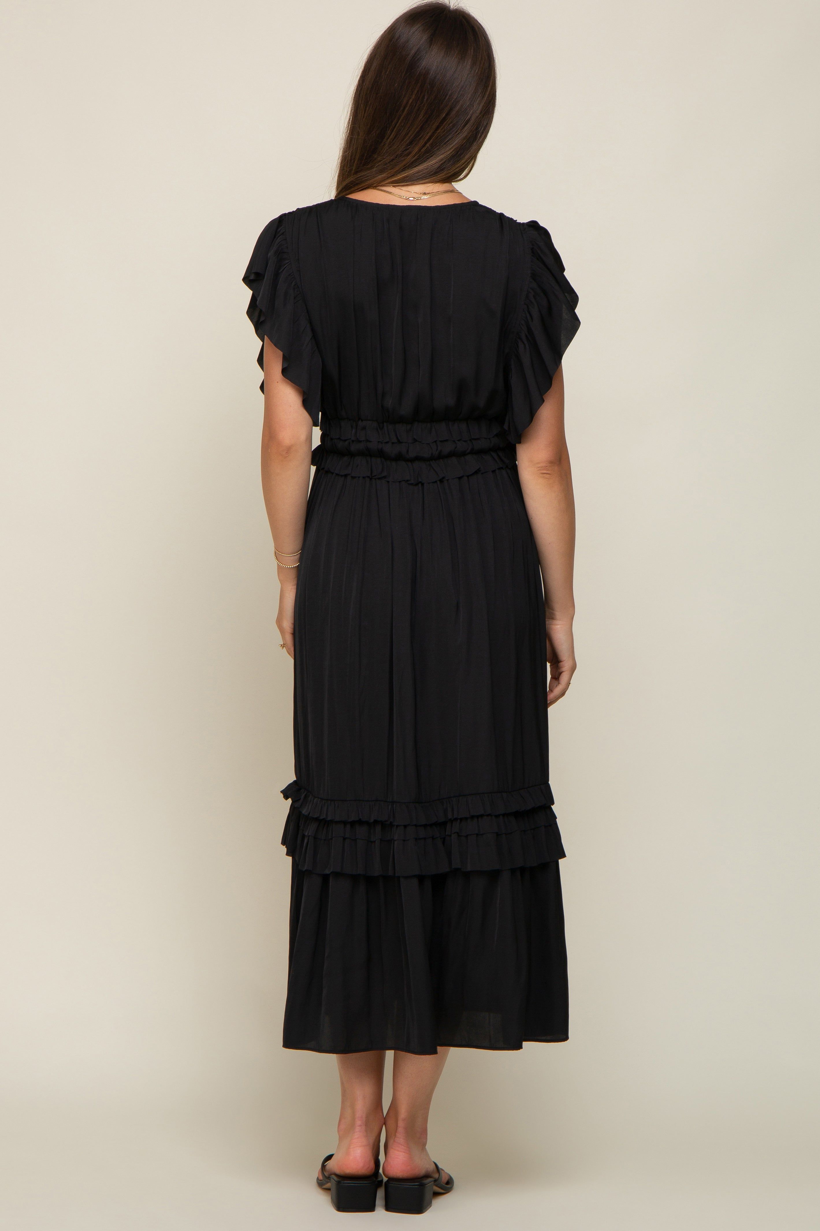 Black Ruffle Accent V-Neck Maternity Midi Dress sold by Pinkblush product image thumbnail 3