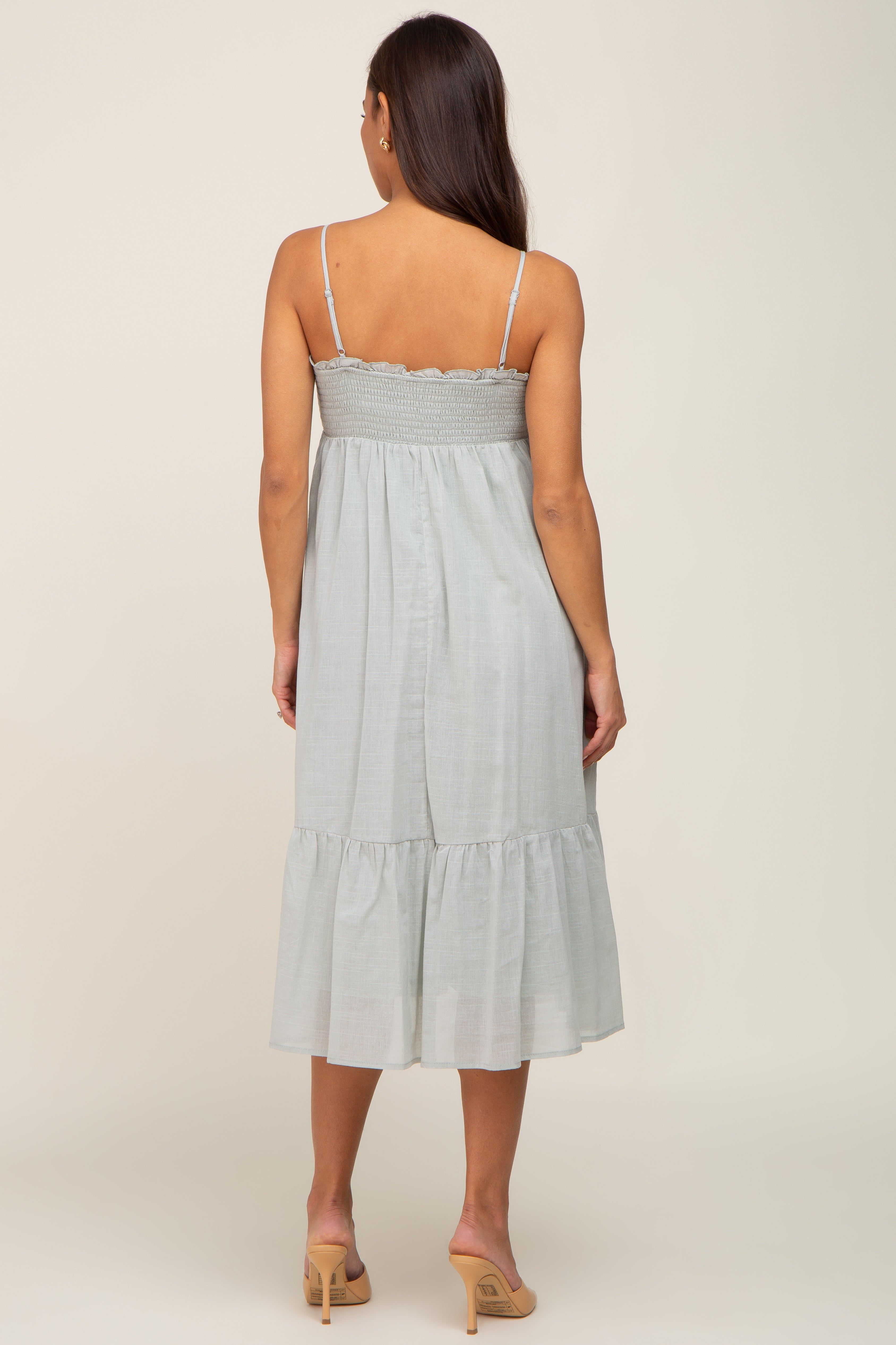 Light Olive Smocked Sleeveless Linen Maternity Midi Dress sold by Pinkblush product image thumbnail 3