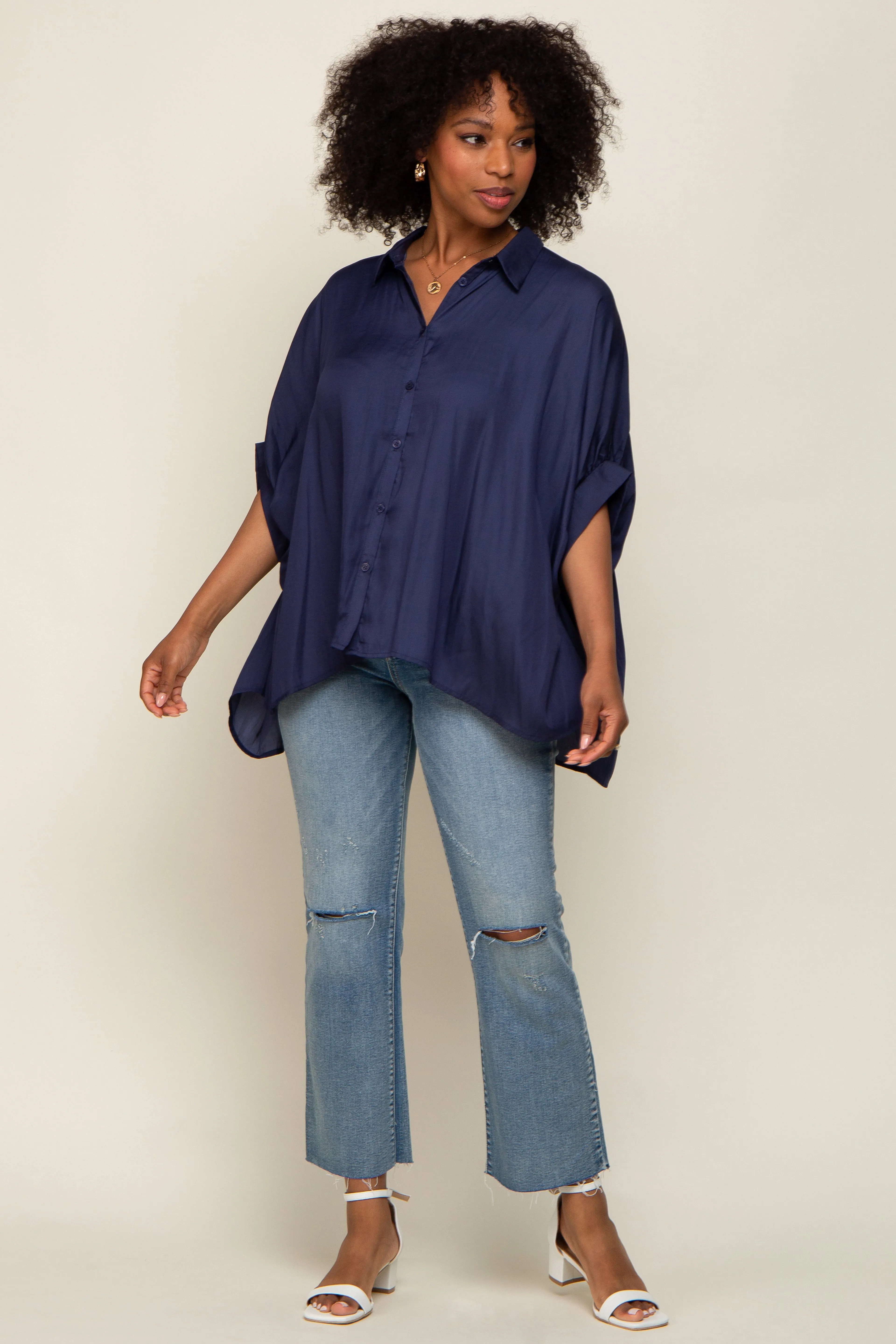 Navy Oversized Button Down Maternity Blouse sold by Pinkblush product image thumbnail 5