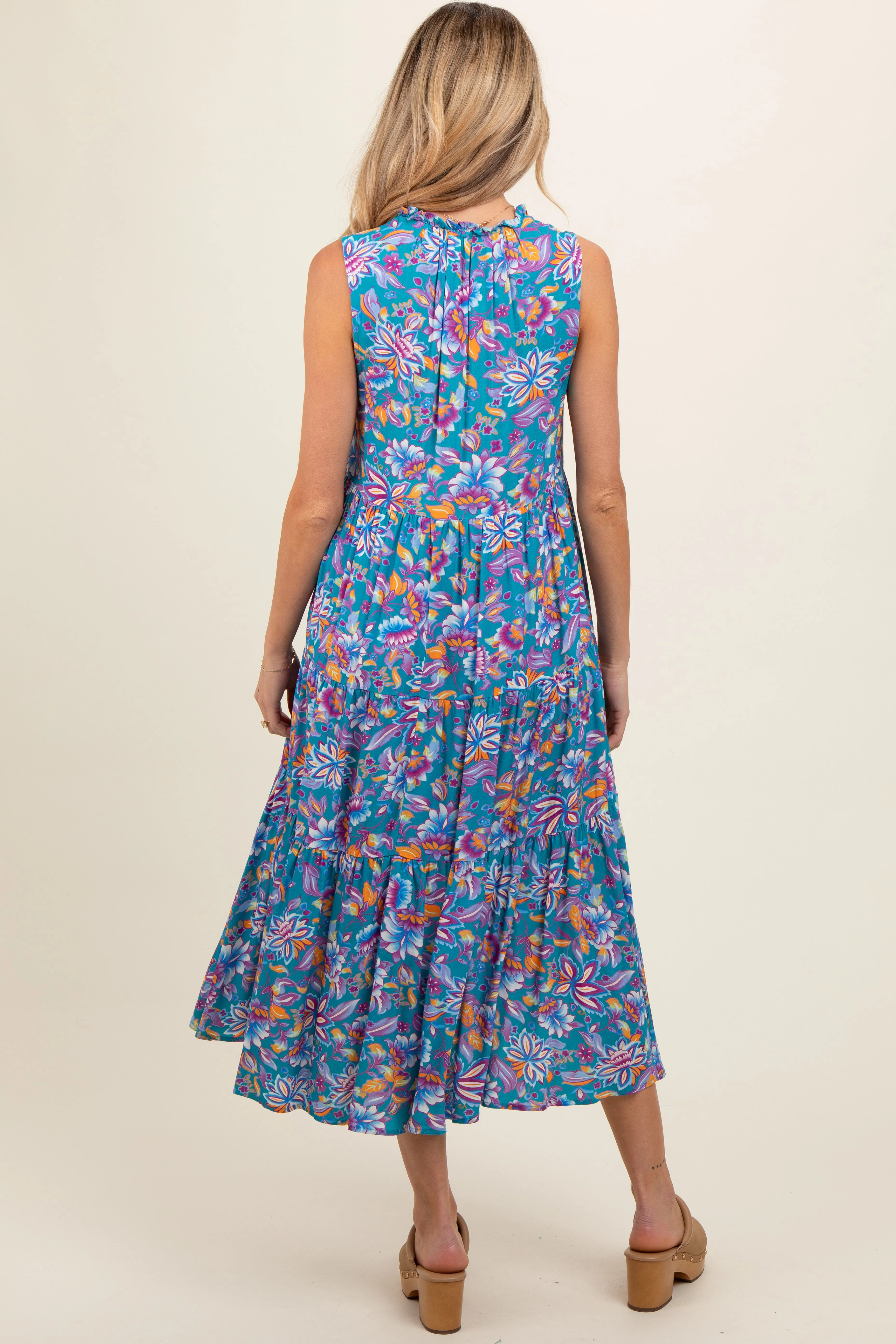 Teal Floral Ruffle Mock Neck Tiered Sleeveless Maternity Midi Dress sold by Pinkblush product image thumbnail 4