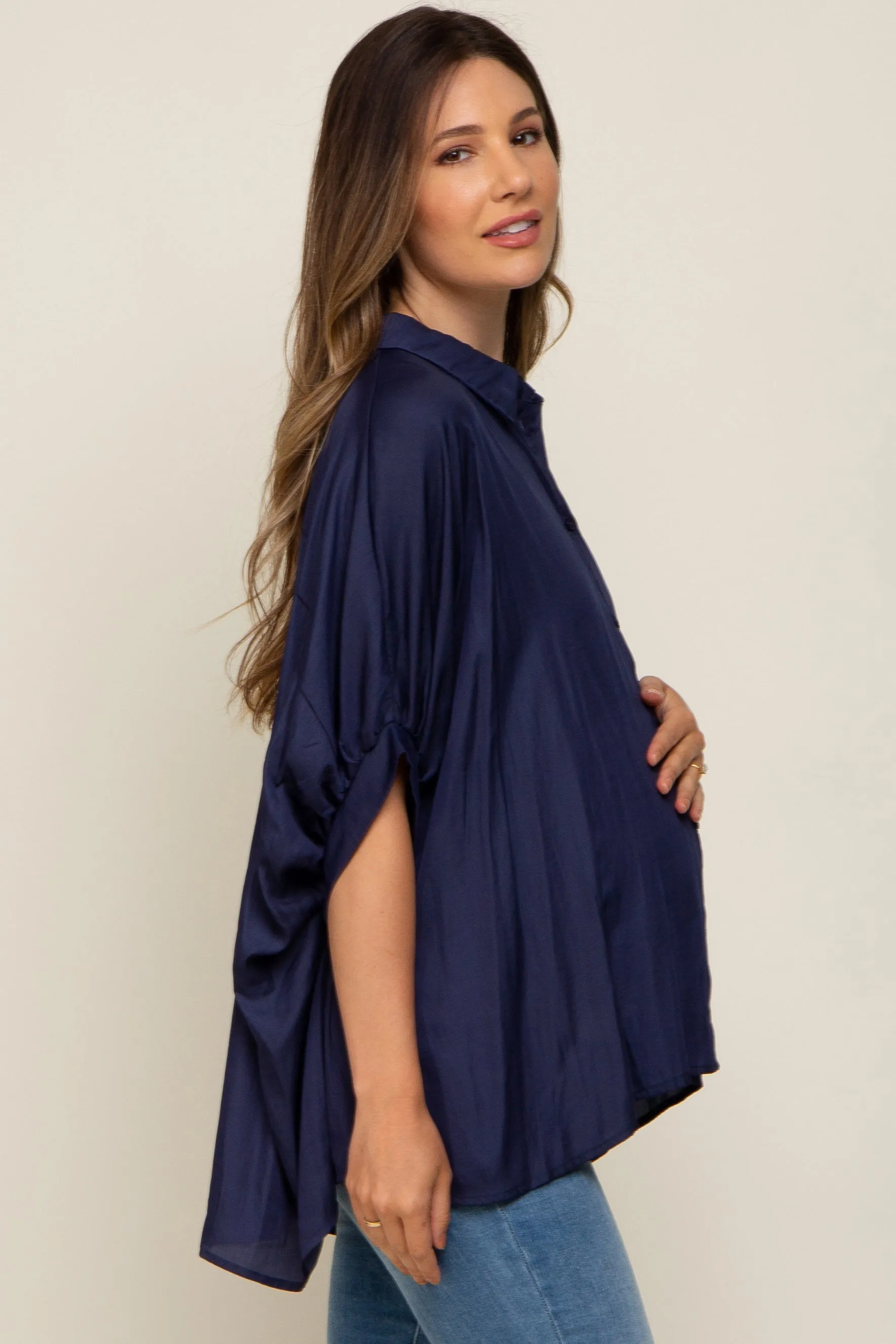 Navy Oversized Button Down Maternity Blouse sold by Pinkblush product image thumbnail 2