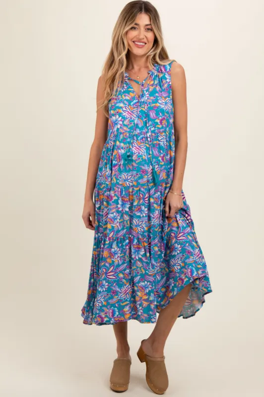 Teal Floral Ruffle Mock Neck Tiered Sleeveless Maternity Midi Dress sold by Pinkblush