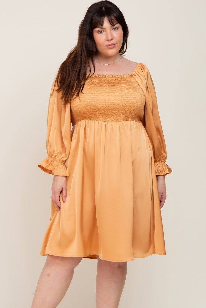 Camel Satin Smocked Square Neck Plus Dress sold by Pinkblush