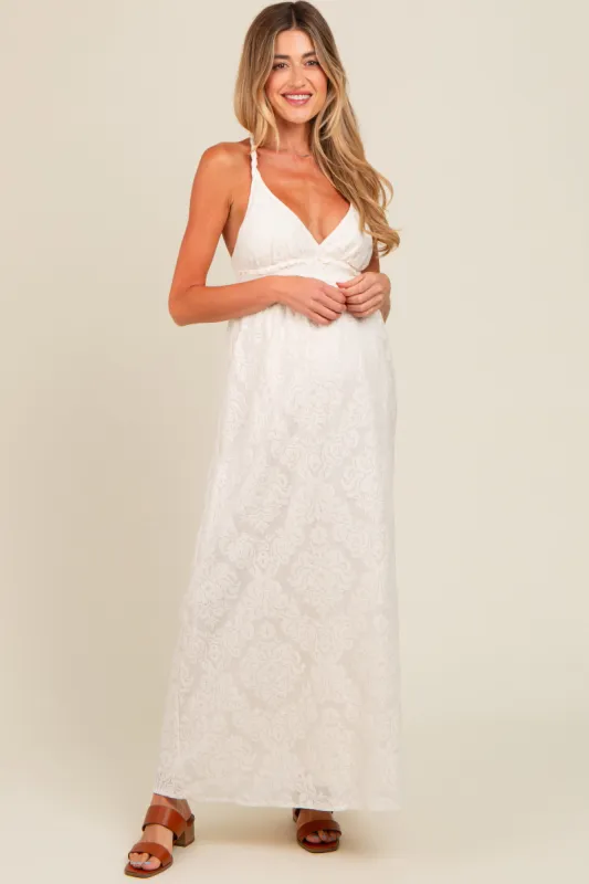 Ivory Floral Jacquard Crossback Maternity Maxi Dress sold by Pinkblush