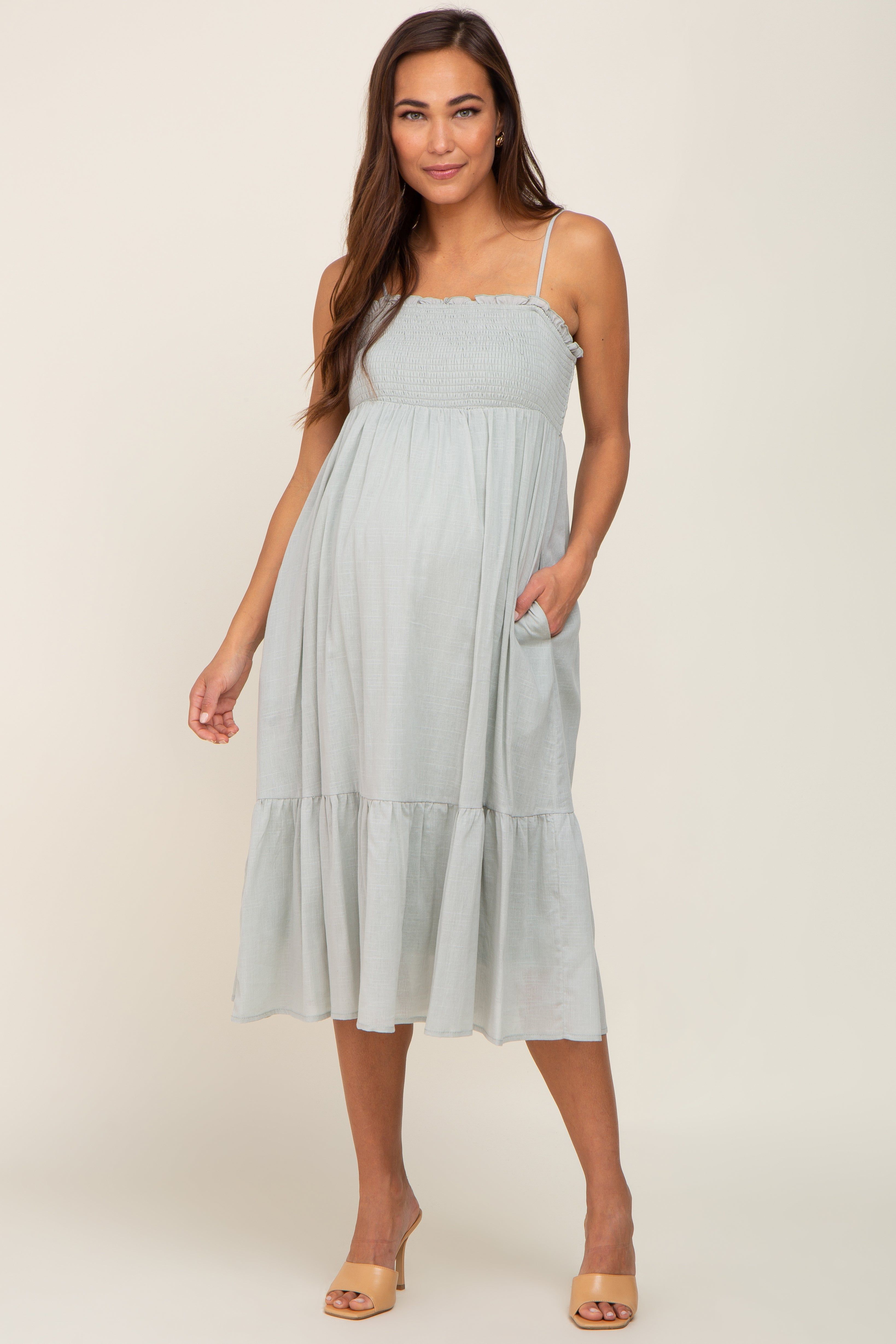 Light Olive Smocked Sleeveless Linen Maternity Midi Dress sold by Pinkblush product image thumbnail 4