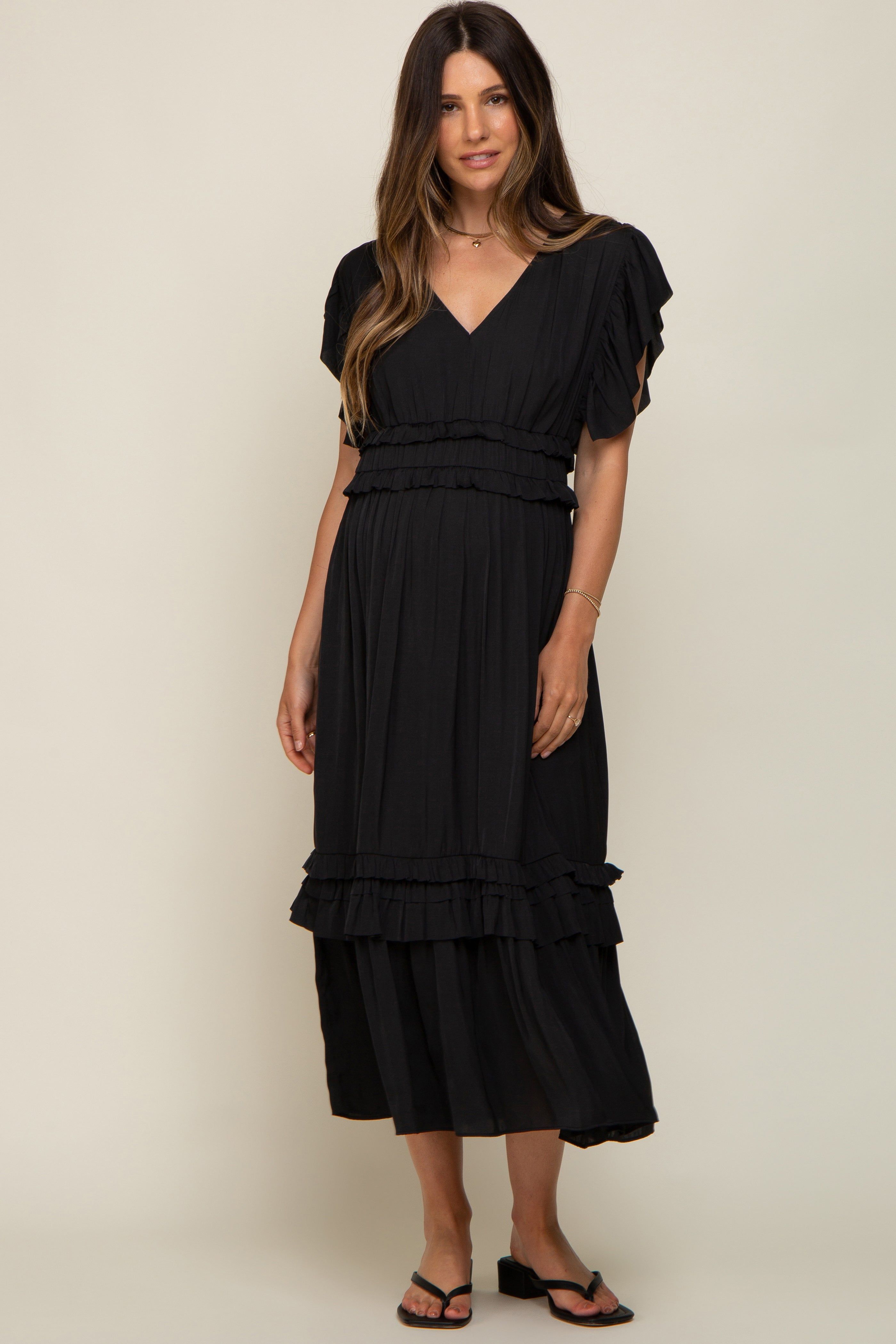 Black Ruffle Accent V-Neck Maternity Midi Dress sold by Pinkblush