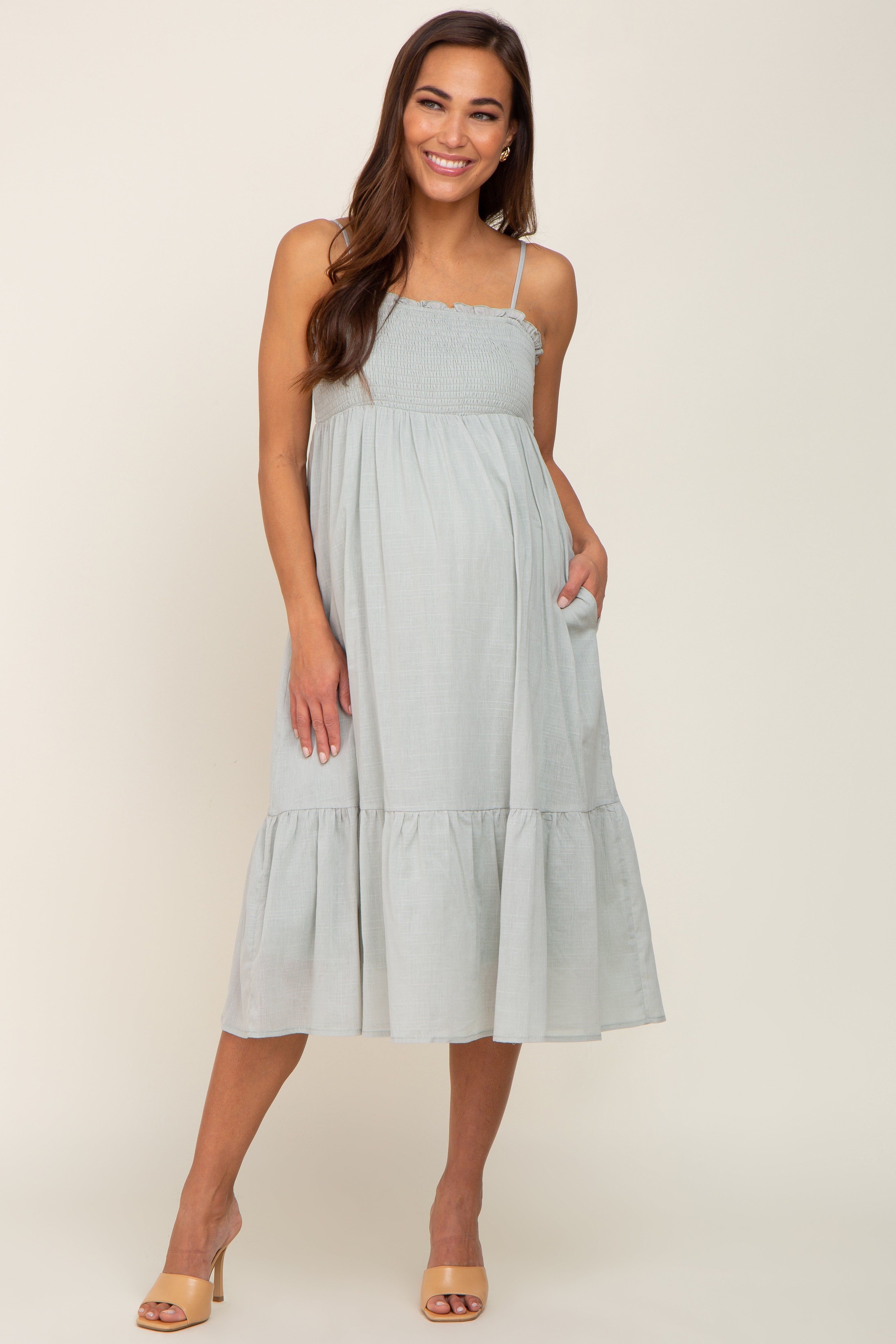 Light Olive Smocked Sleeveless Linen Maternity Midi Dress sold by Pinkblush