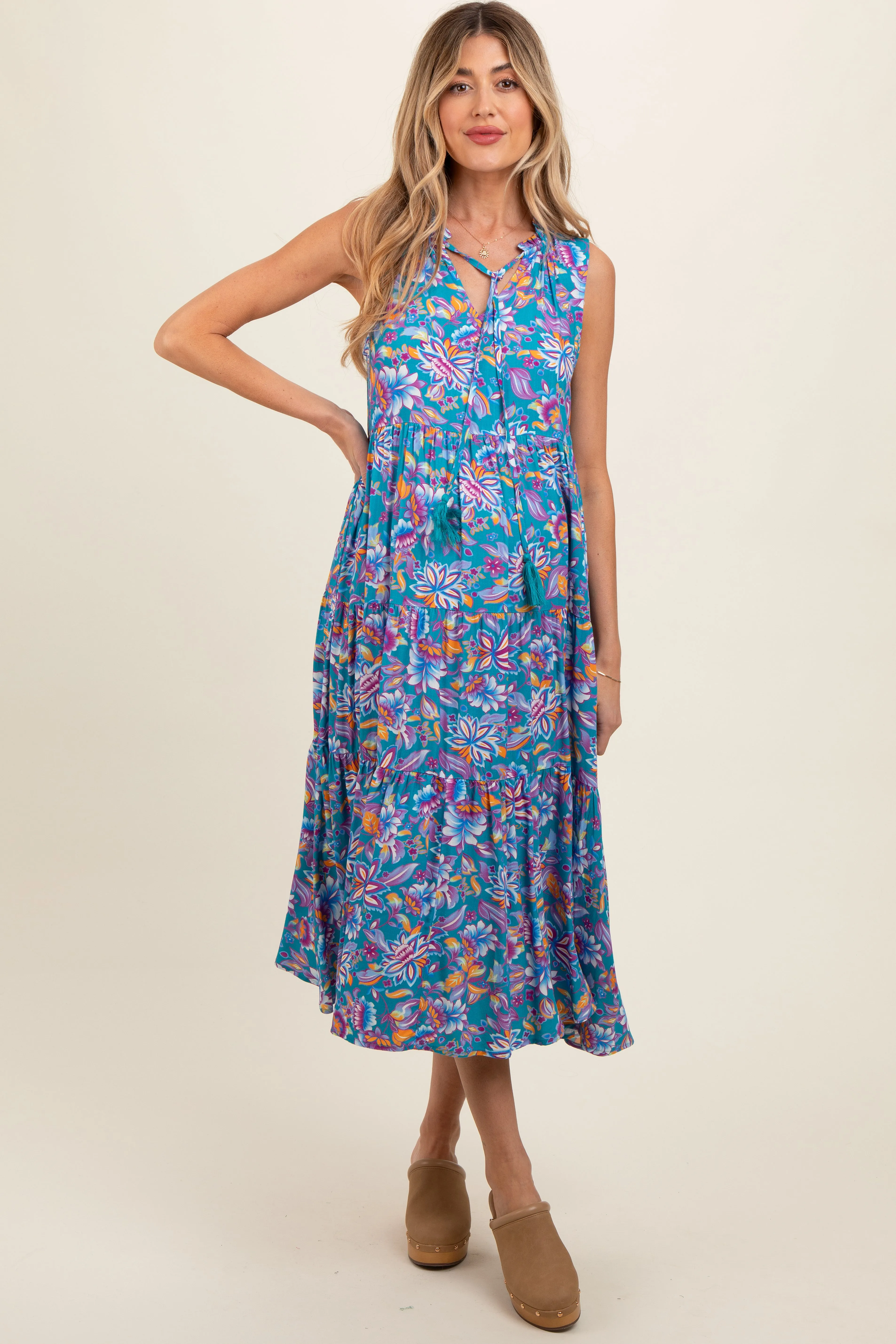 Teal Floral Ruffle Mock Neck Tiered Sleeveless Maternity Midi Dress sold by Pinkblush product image thumbnail 2