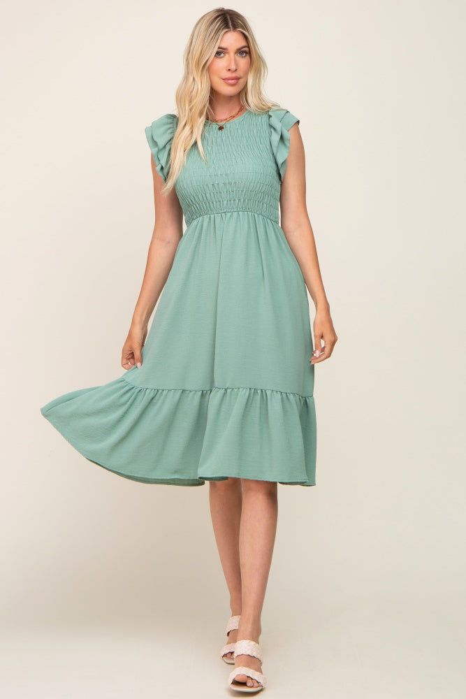 Sage Smocked Layered Ruffle Flutter Sleeve Midi Dress sold by Pinkblush product image thumbnail 4