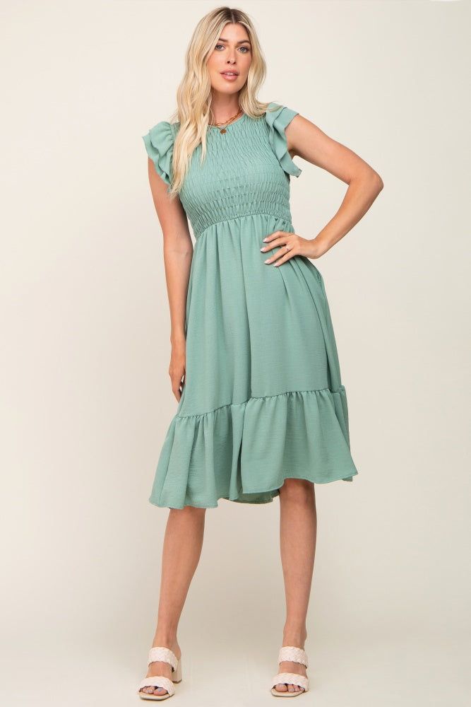 Sage Smocked Layered Ruffle Flutter Sleeve Midi Dress sold by Pinkblush