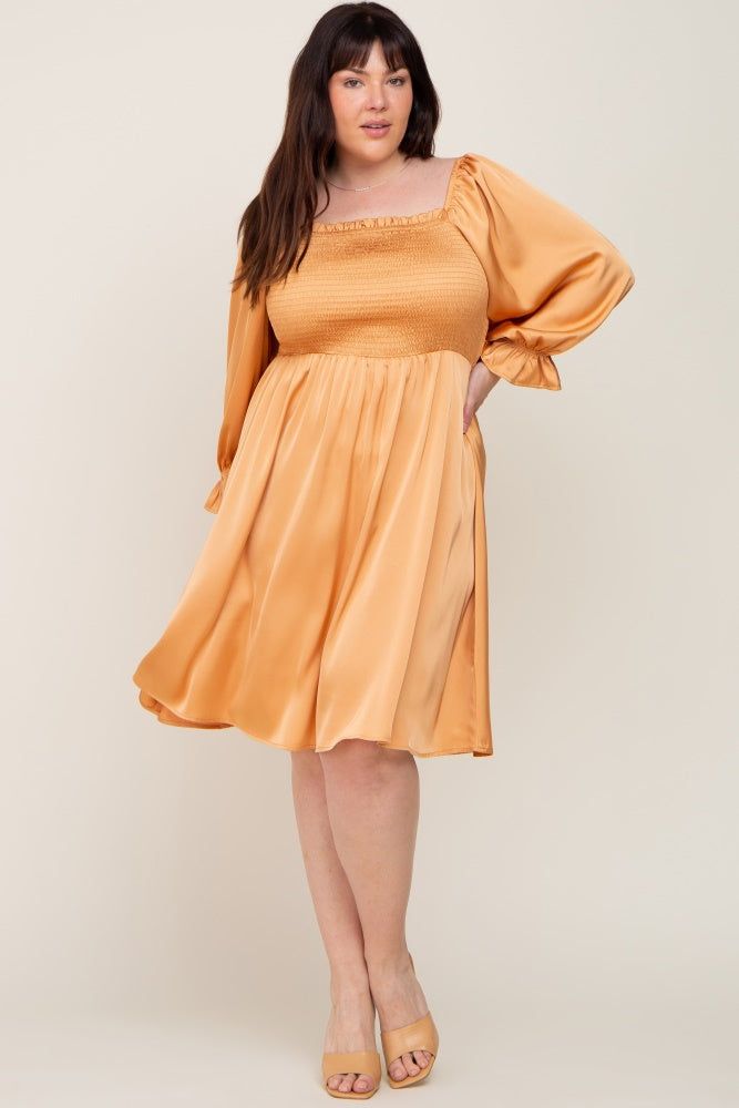 Camel Satin Smocked Square Neck Plus Dress sold by Pinkblush product image thumbnail 4