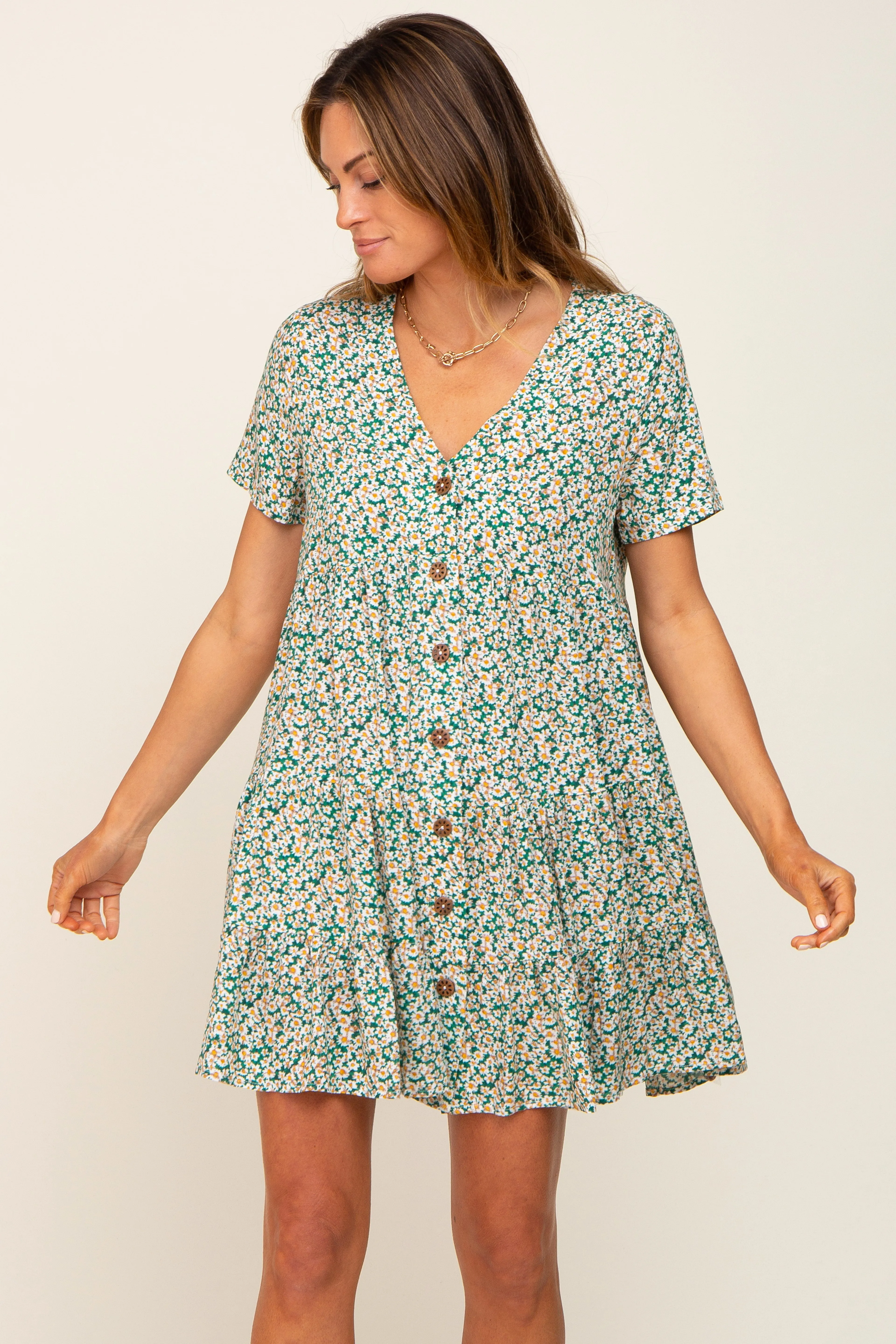 Green Floral Button Down Tiered Dress sold by Pinkblush