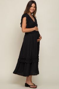 Black Ruffle Accent V-Neck Maternity Midi Dress sold by Pinkblush