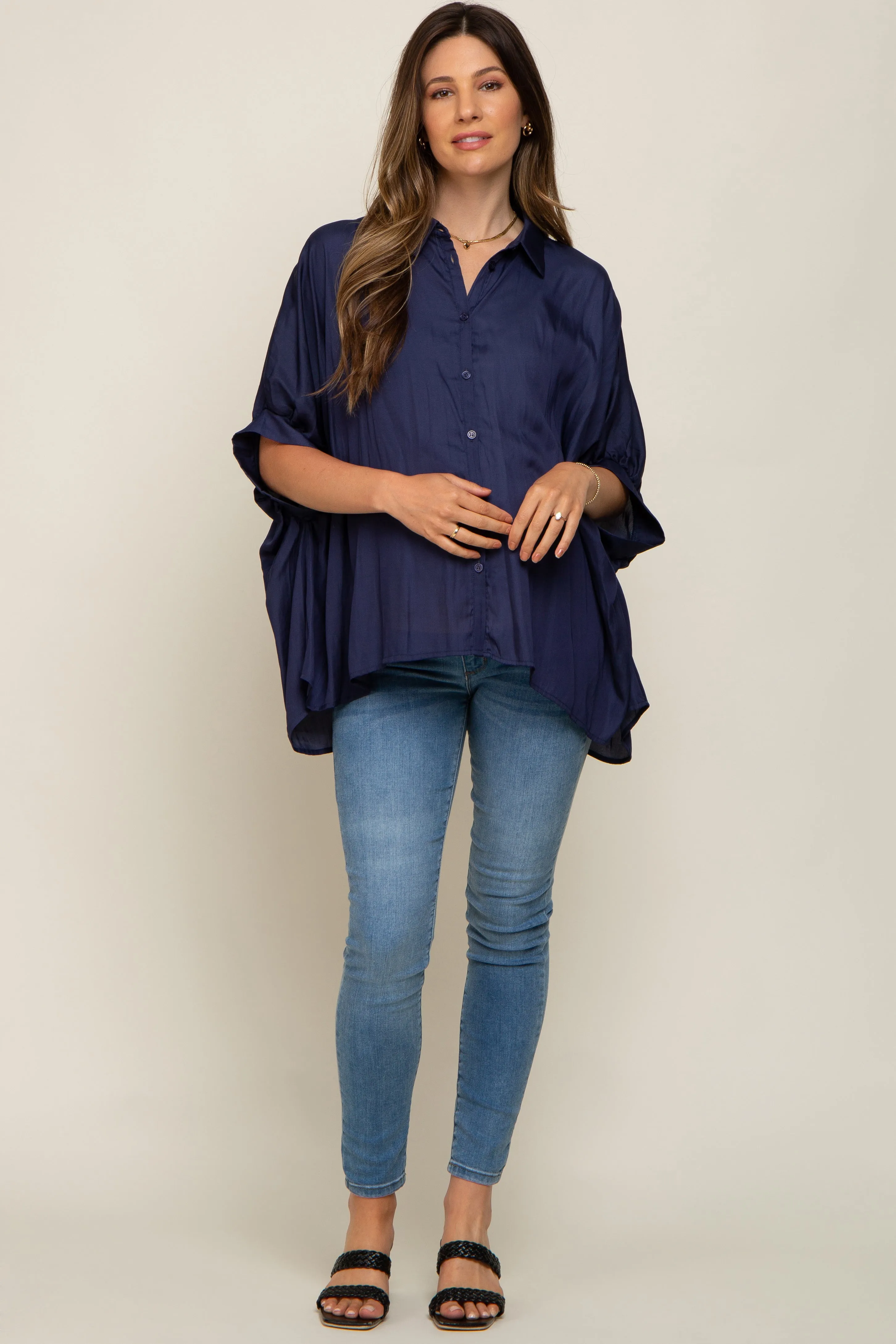 Navy Oversized Button Down Maternity Blouse sold by Pinkblush product image thumbnail 4