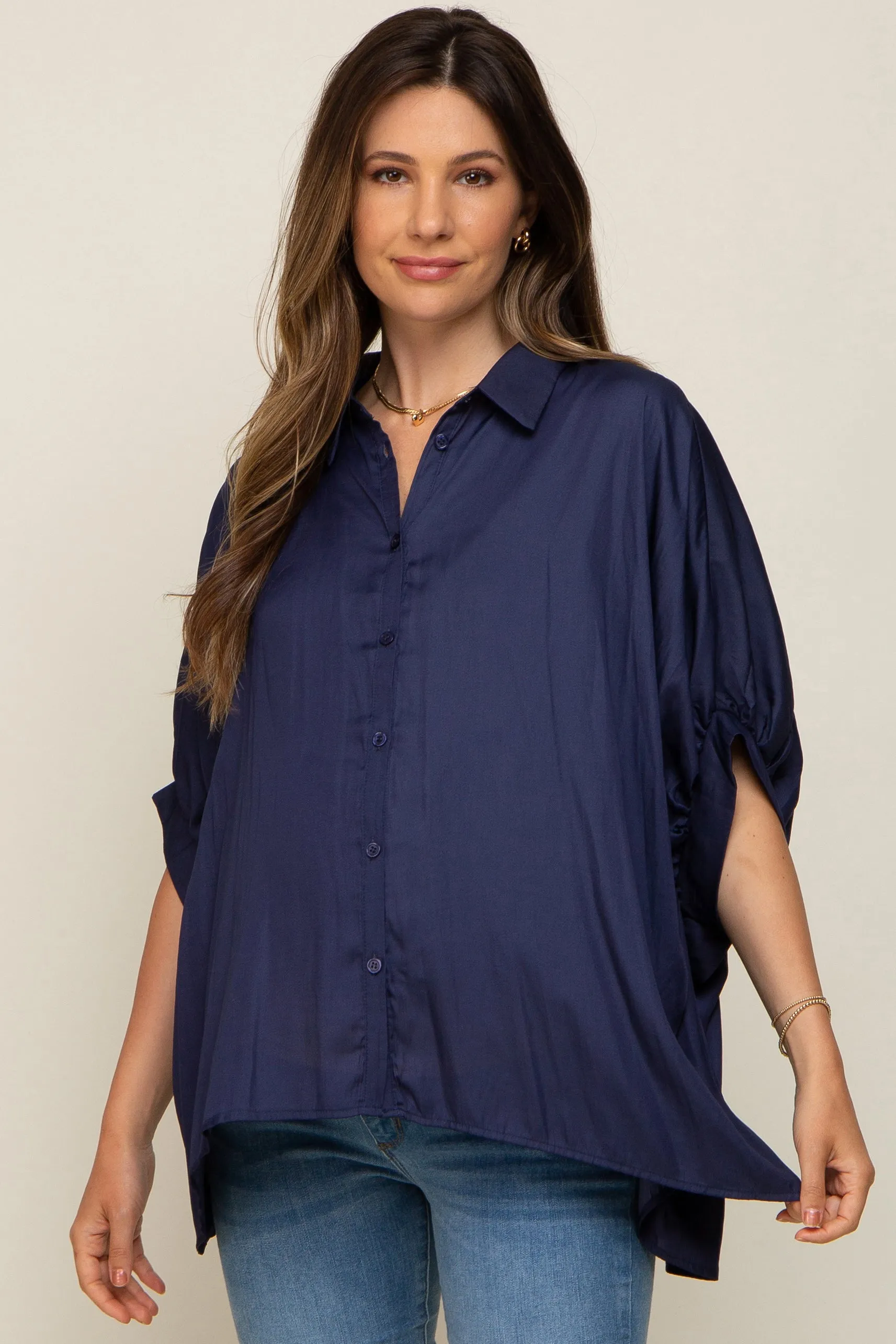 Navy Oversized Button Down Maternity Blouse sold by Pinkblush